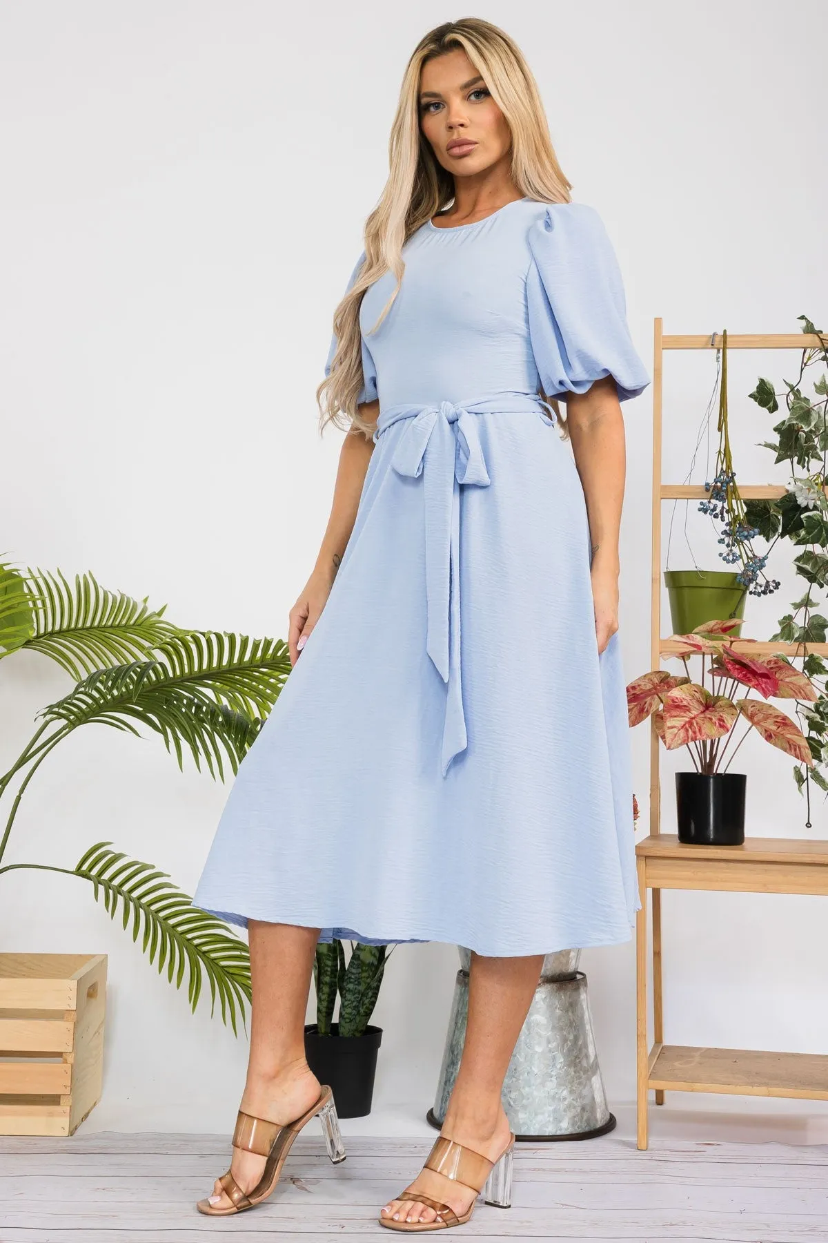 HH680X-SOLID - PRINCESS SLEEVE BELTED MIDI DRESS