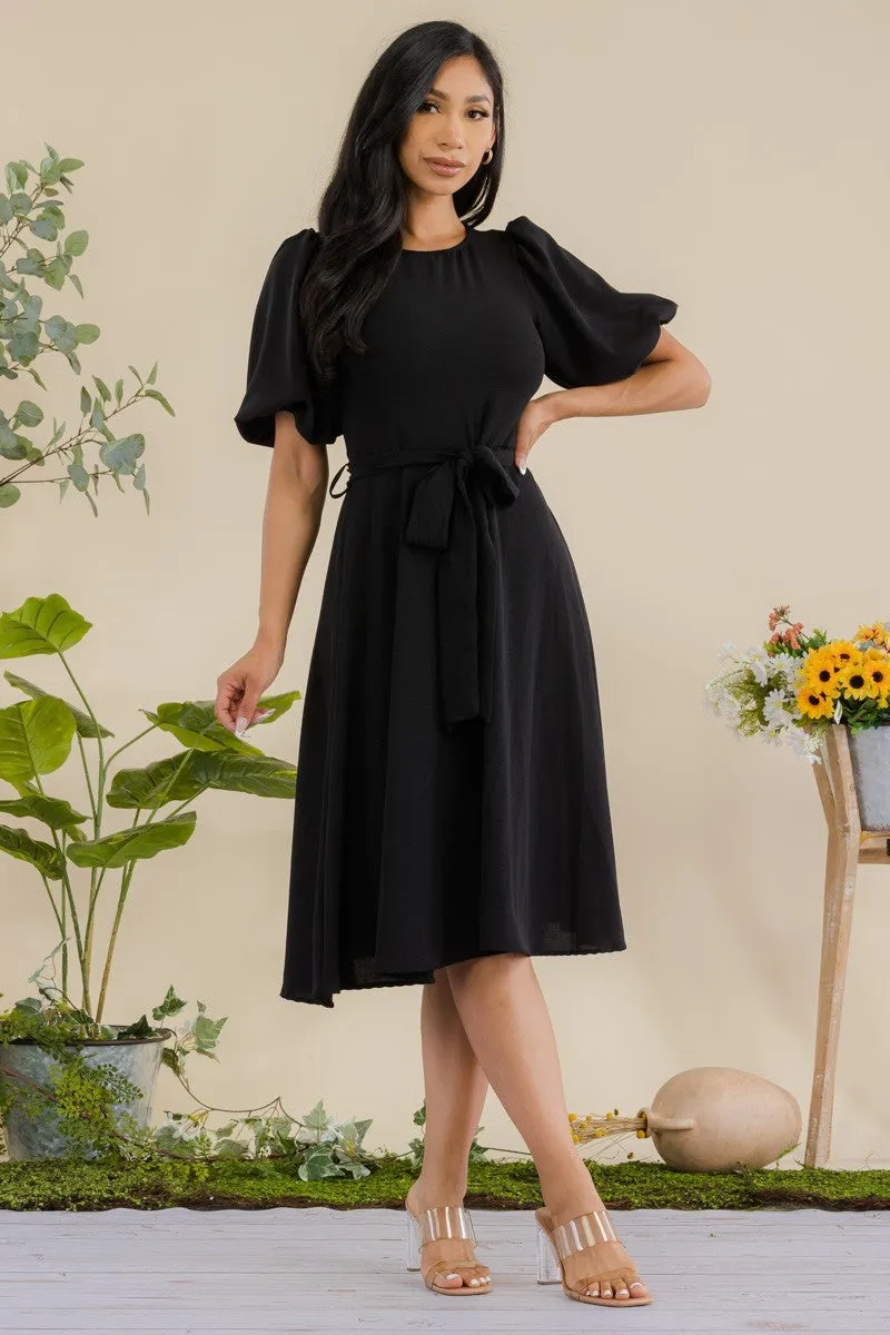 HH680X-SOLID - PRINCESS SLEEVE BELTED MIDI DRESS