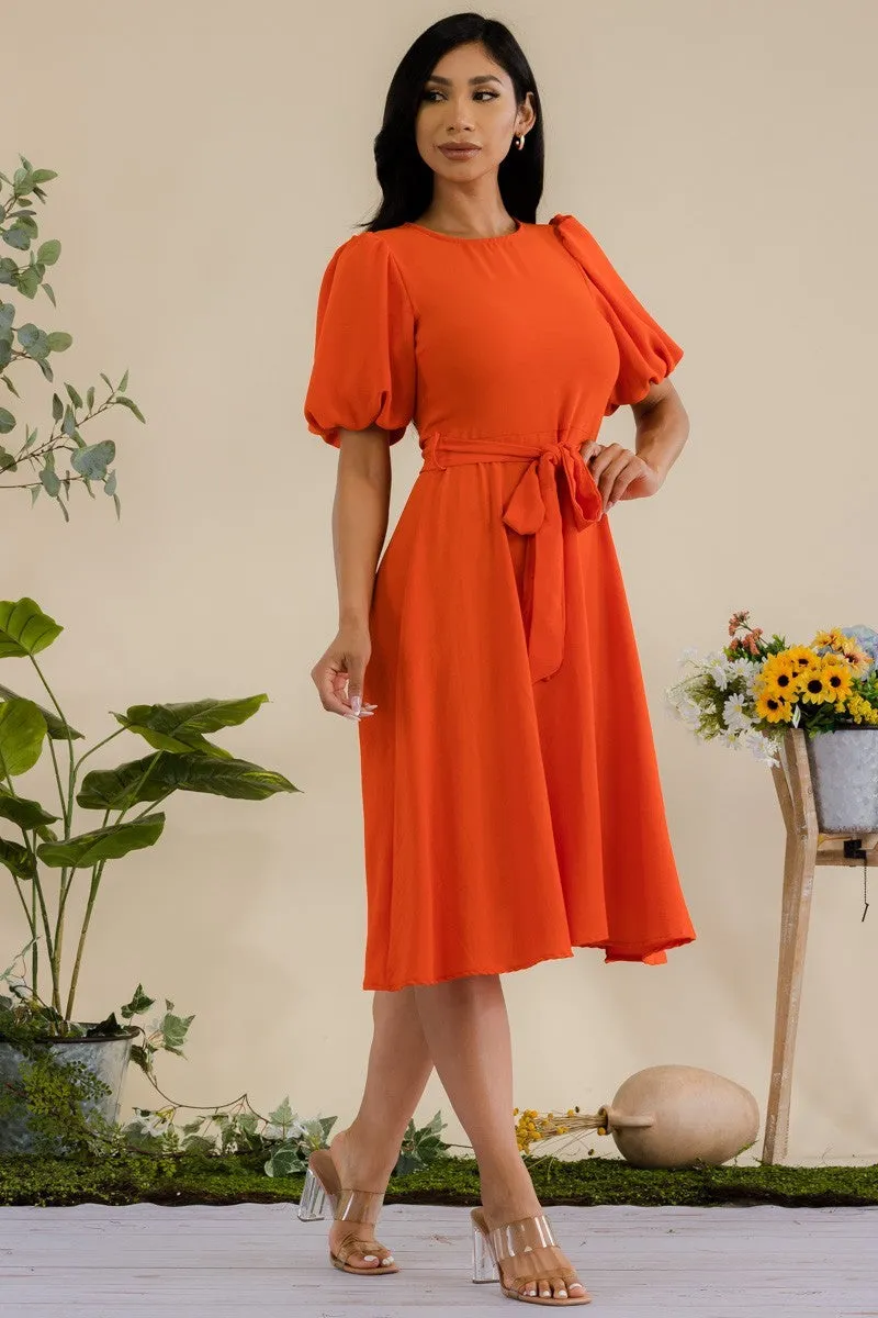 HH680X-SOLID - PRINCESS SLEEVE BELTED MIDI DRESS