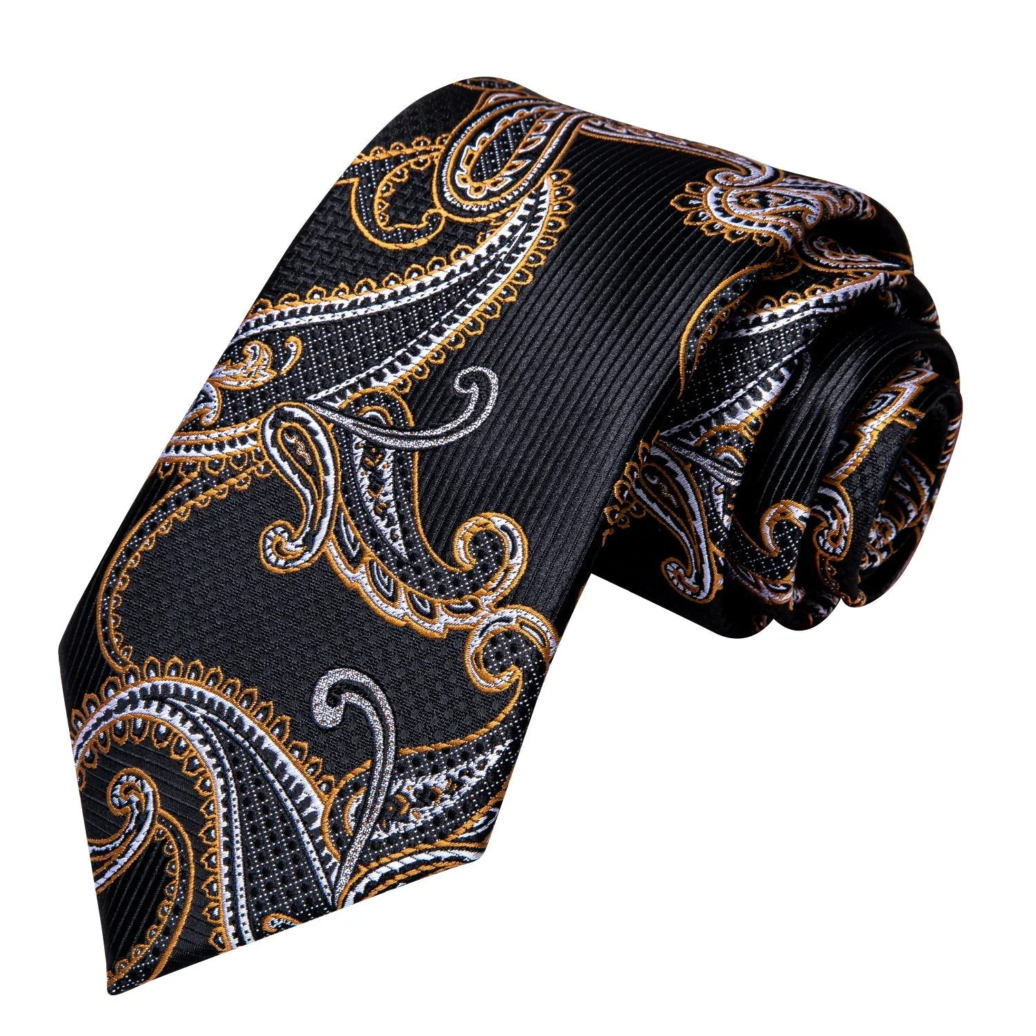 Hi-Tie Black Golden Paisley Tie Hanky Cufflinks Set Wedding Brooch