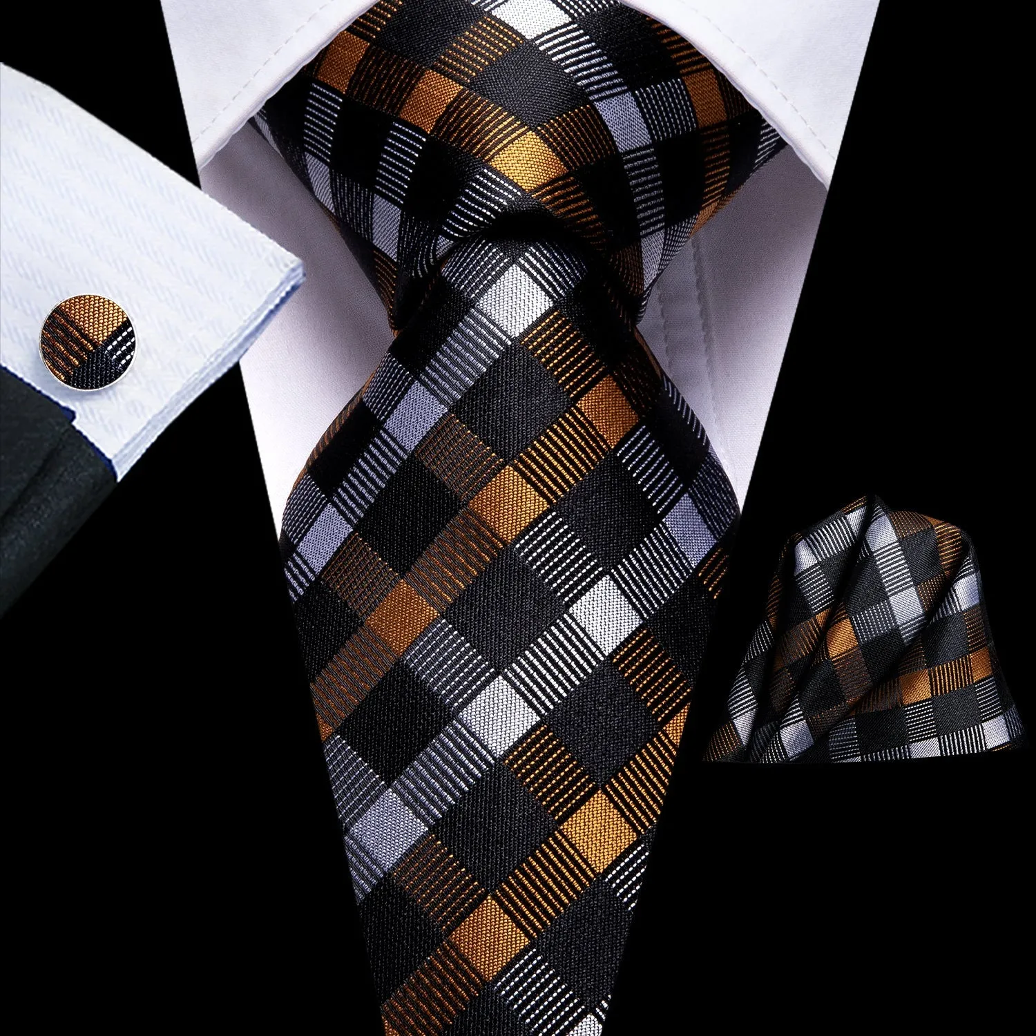 Hi-Tie Black Golden White Plaid Tie Pocket Square Cufflinks Set