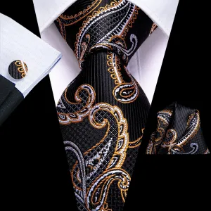 Hi-Tie Black Goldenrod Paisley Men's Tie Pocket Square Cufflinks Set