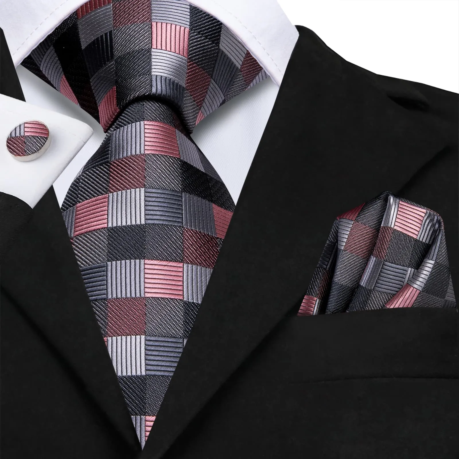 Hi-Tie Black Grey Coral Red Plaid Jacquard Geometric Men's Necktie Set