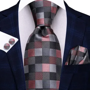 Hi-Tie Black Grey Coral Red Plaid Jacquard Geometric Men's Necktie Set