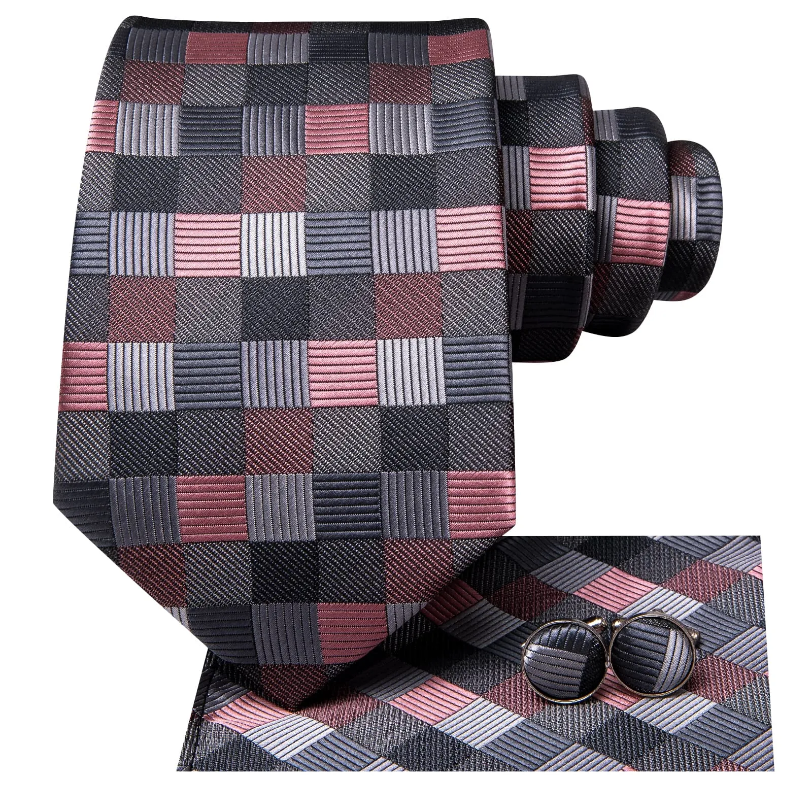 Hi-Tie Black Grey Coral Red Plaid Jacquard Geometric Men's Necktie Set