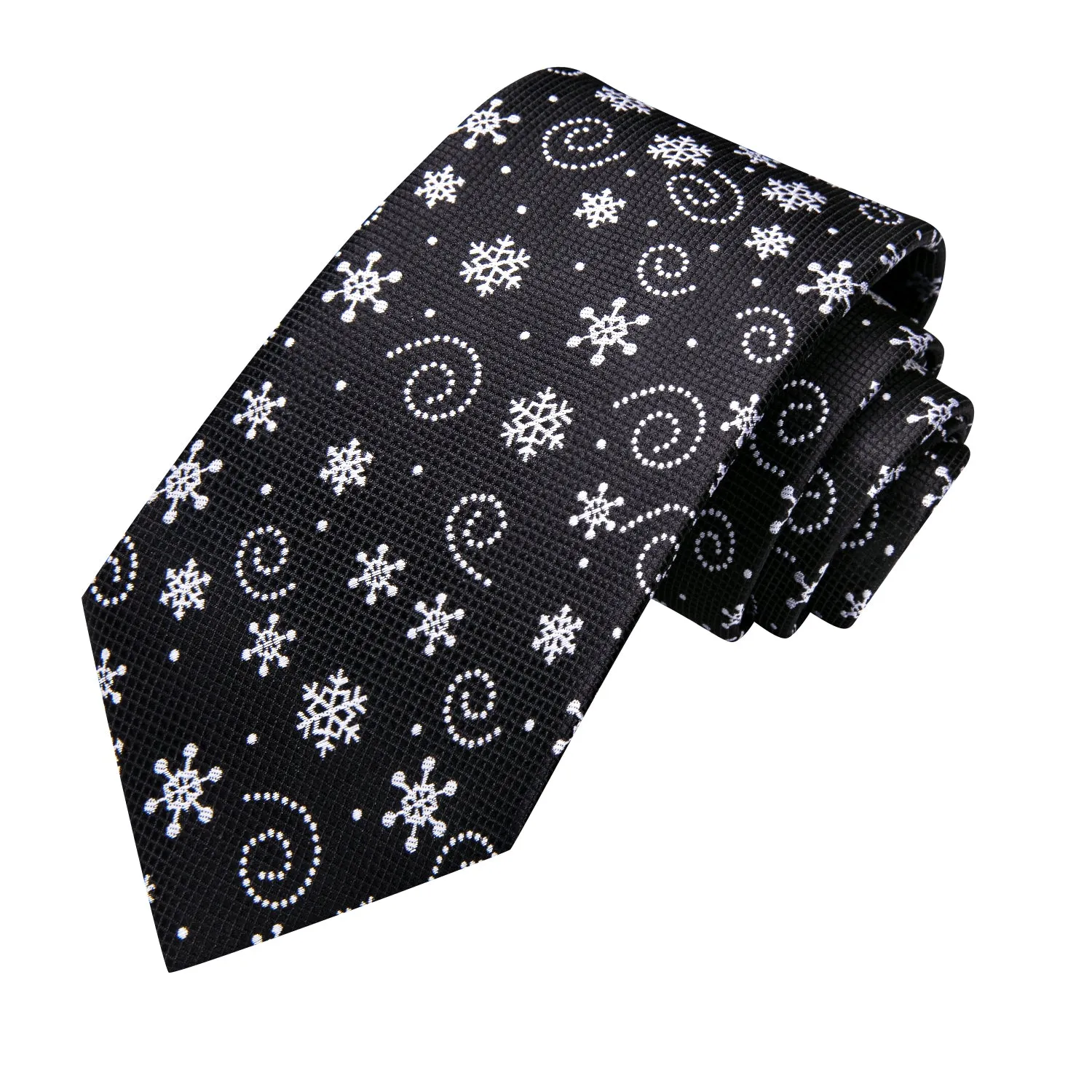 Hi-Tie Black Necktie White Snowflake Tie Pocket Square Cufflinks Set