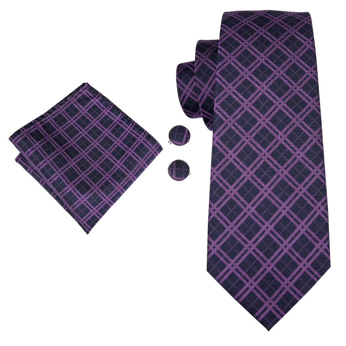 Hi-Tie Black Purple Plaid Mens Tie Set Tie Pocket Square Cufflinks Set