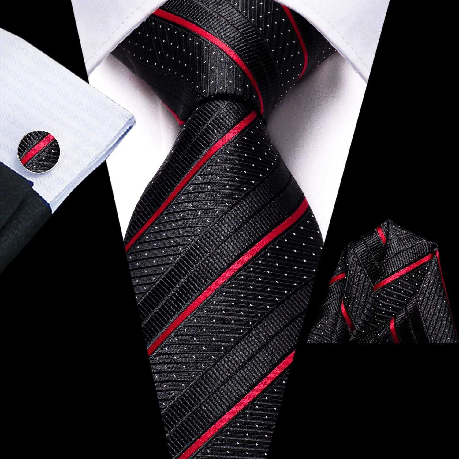 Hi-Tie Black Red Stripe 67" Extra Long Tie Pocket Square Cufflinks Set