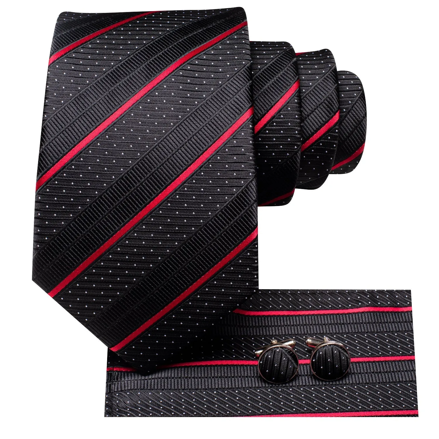 Hi-Tie Black Red Stripe 67" Extra Long Tie Pocket Square Cufflinks Set