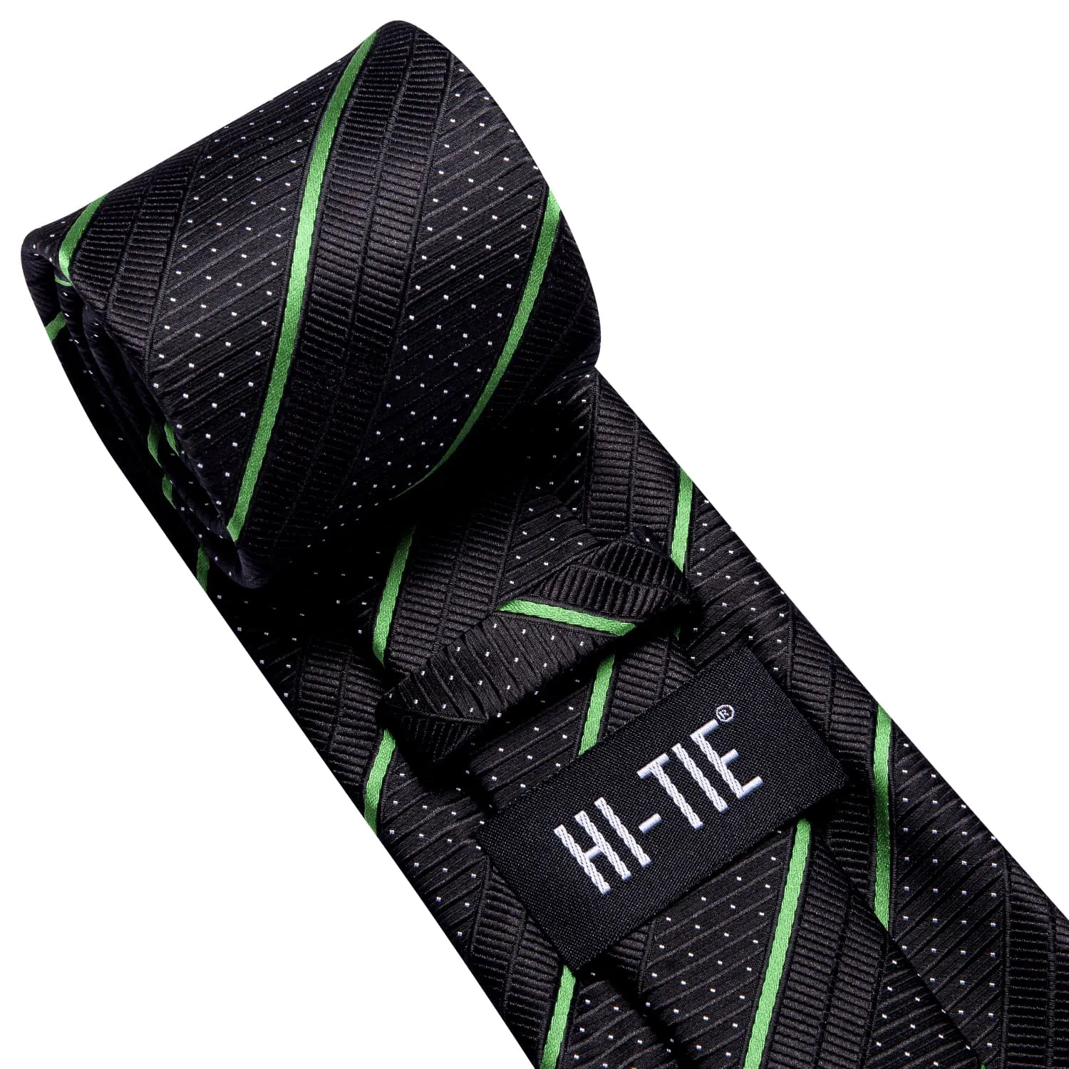 Hi-Tie Black Tie Light Green Stripes White Dots Neck Tie Set for Men