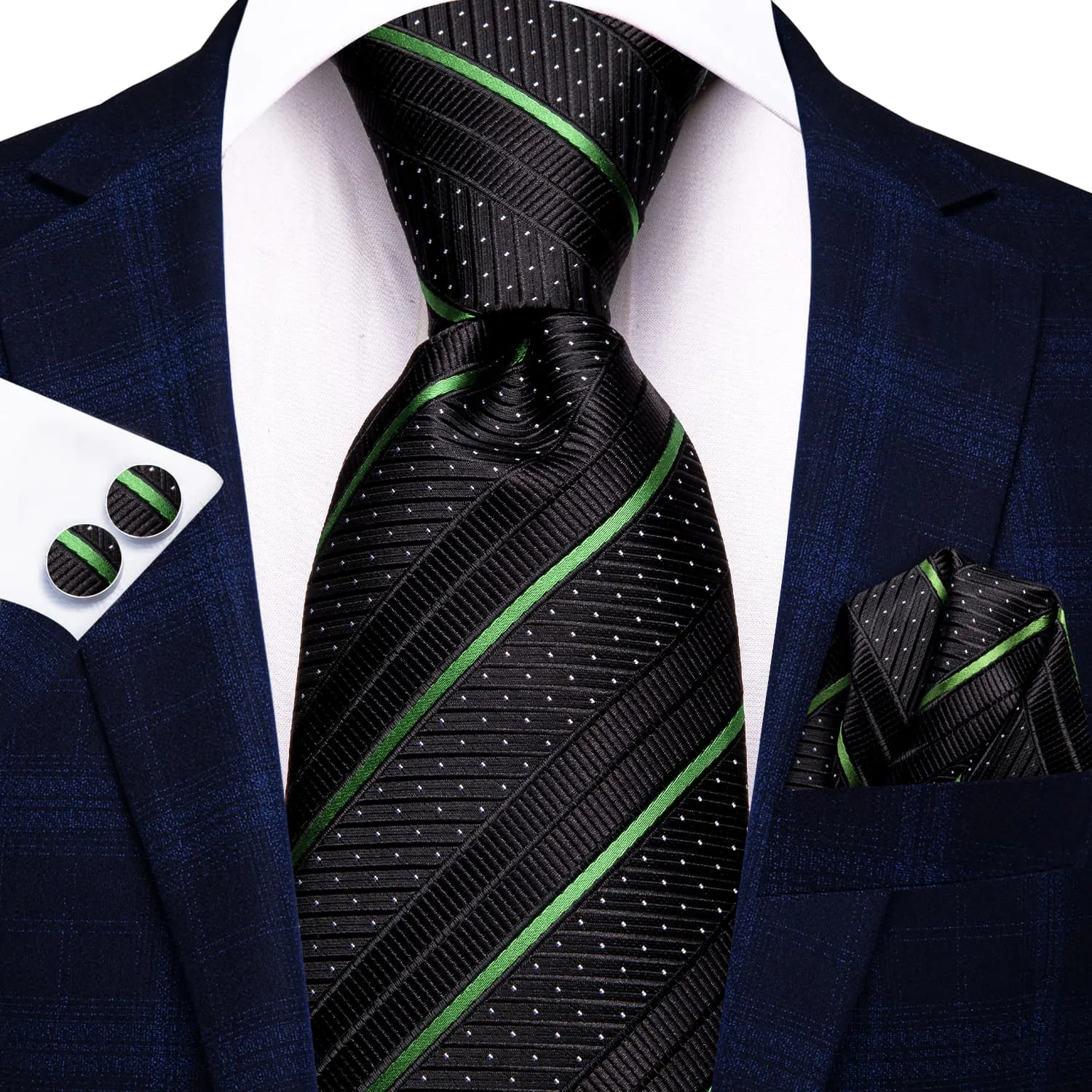 Hi-Tie Black Tie Light Green Stripes White Dots Neck Tie Set for Men