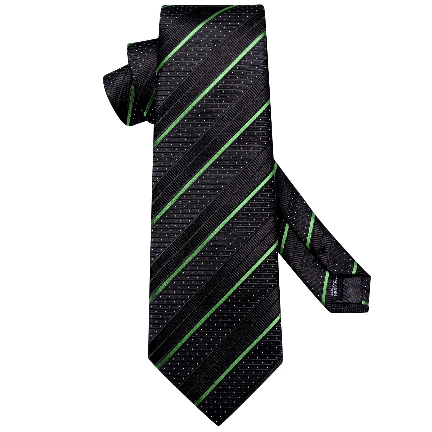 Hi-Tie Black Tie Light Green Stripes White Dots Neck Tie Set for Men