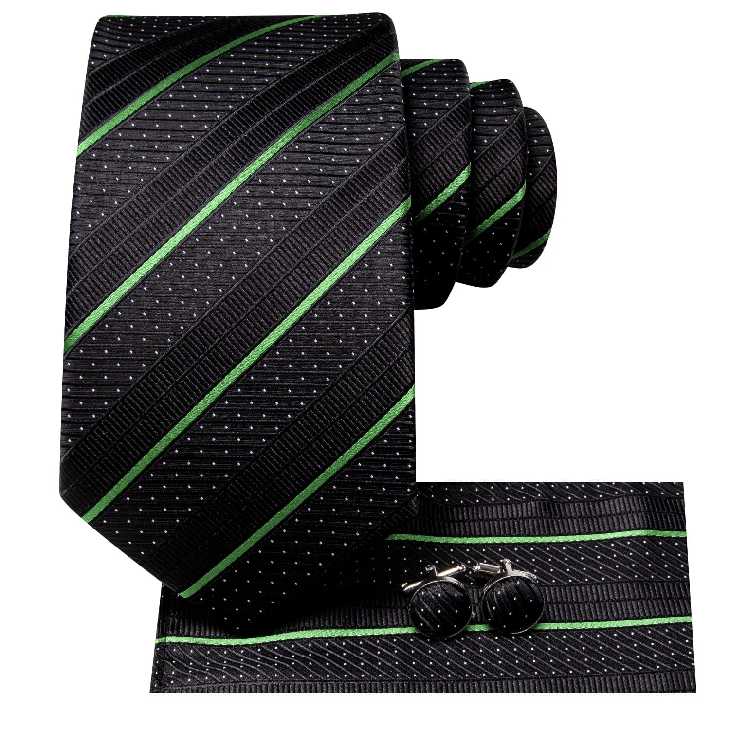 Hi-Tie Black Tie Light Green Stripes White Dots Neck Tie Set for Men