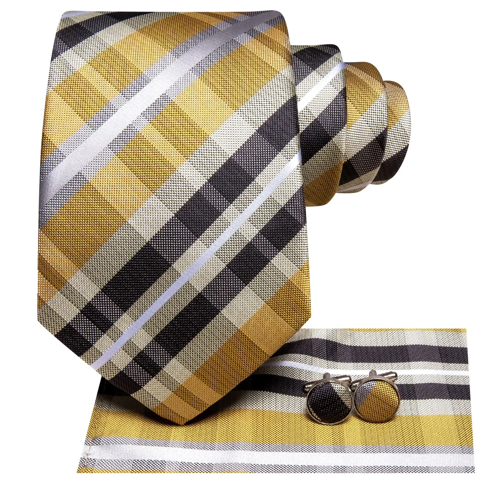 Hi-Tie Black Yellow Plaid Necktie White Stripe Tie Hanky Cufflinks Set