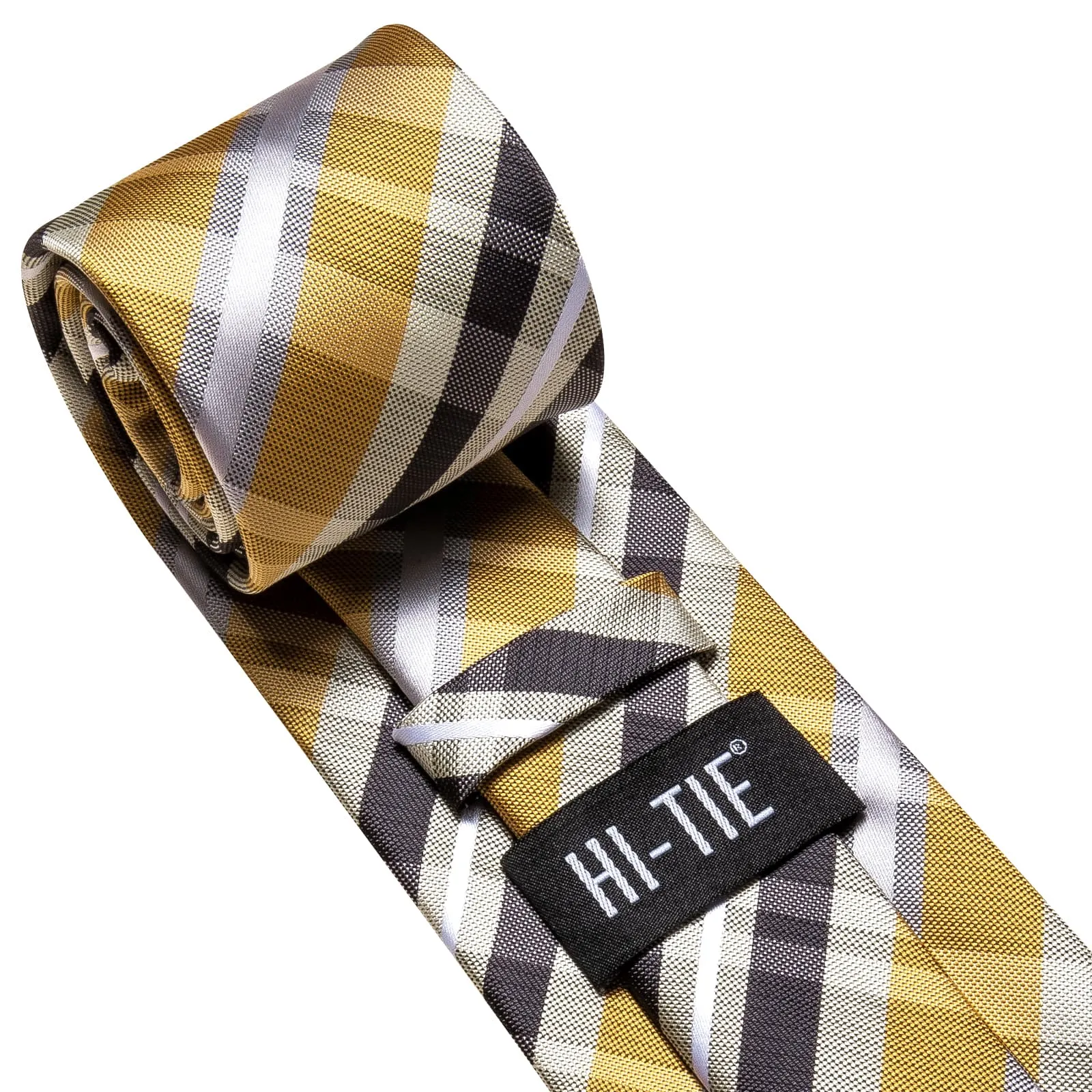 Hi-Tie Black Yellow Plaid Necktie White Stripe Tie Hanky Cufflinks Set