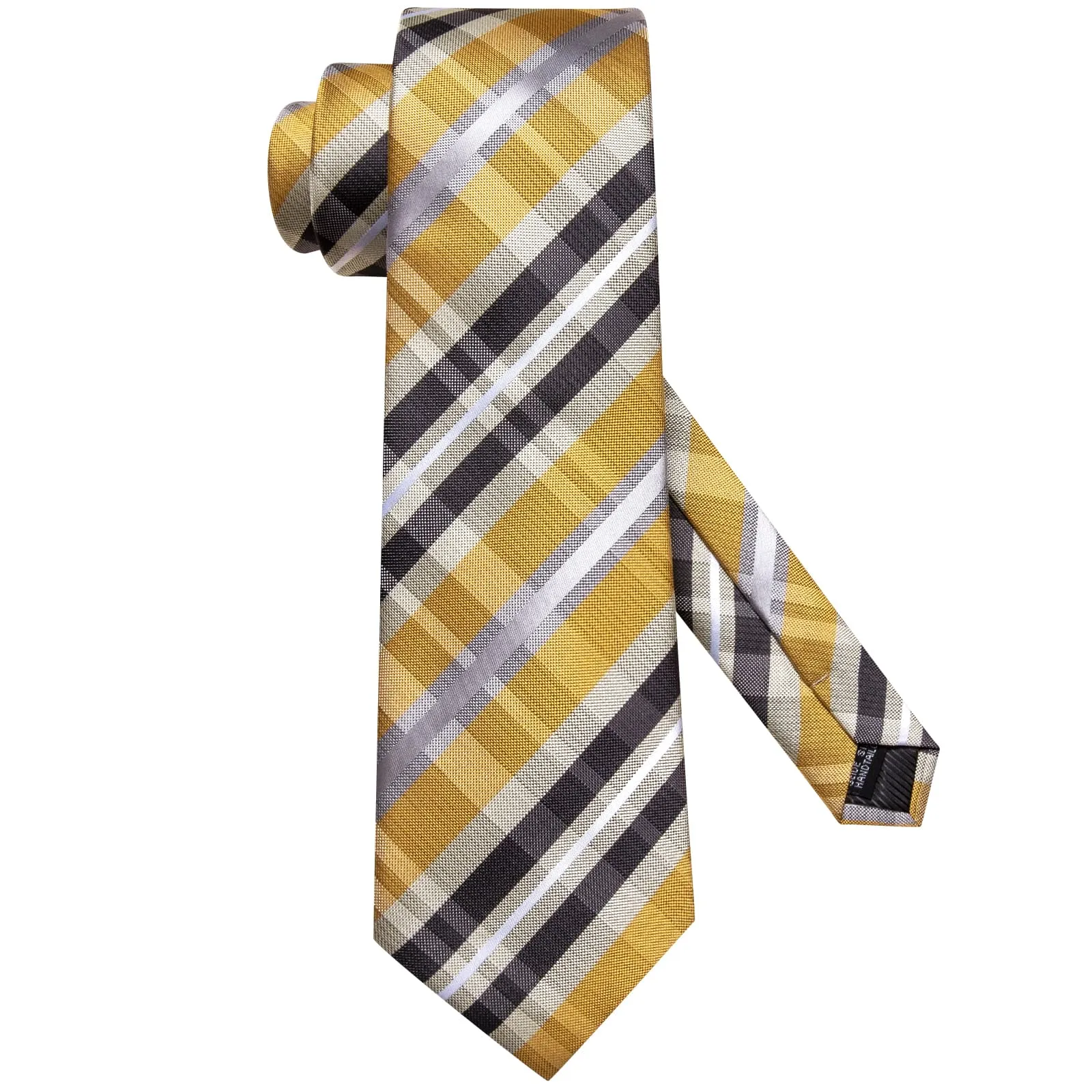 Hi-Tie Black Yellow Plaid Necktie White Stripe Tie Hanky Cufflinks Set