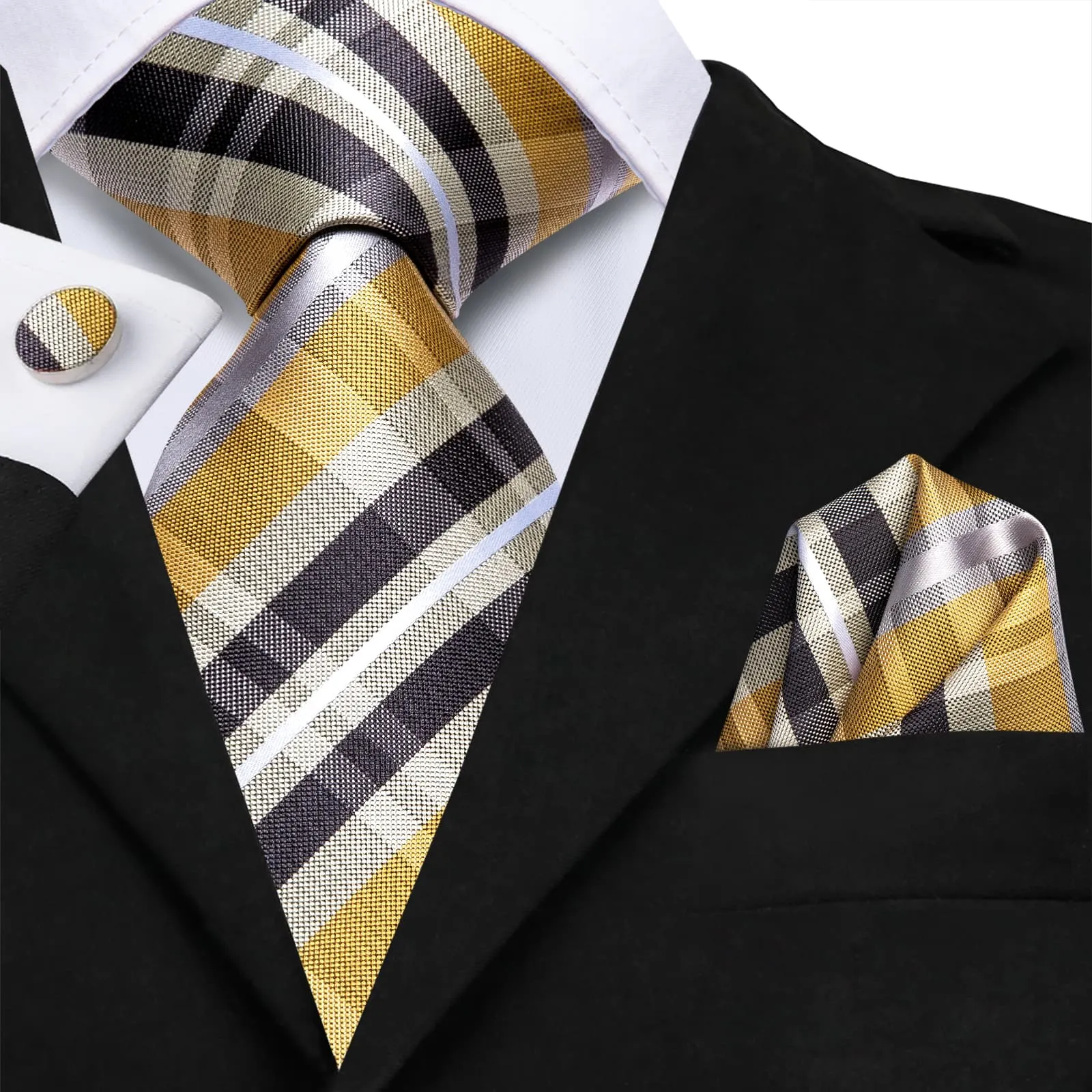 Hi-Tie Black Yellow Plaid Necktie White Stripe Tie Hanky Cufflinks Set