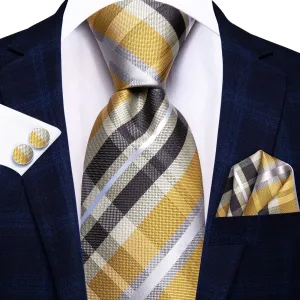 Hi-Tie Black Yellow Plaid Necktie White Stripe Tie Hanky Cufflinks Set