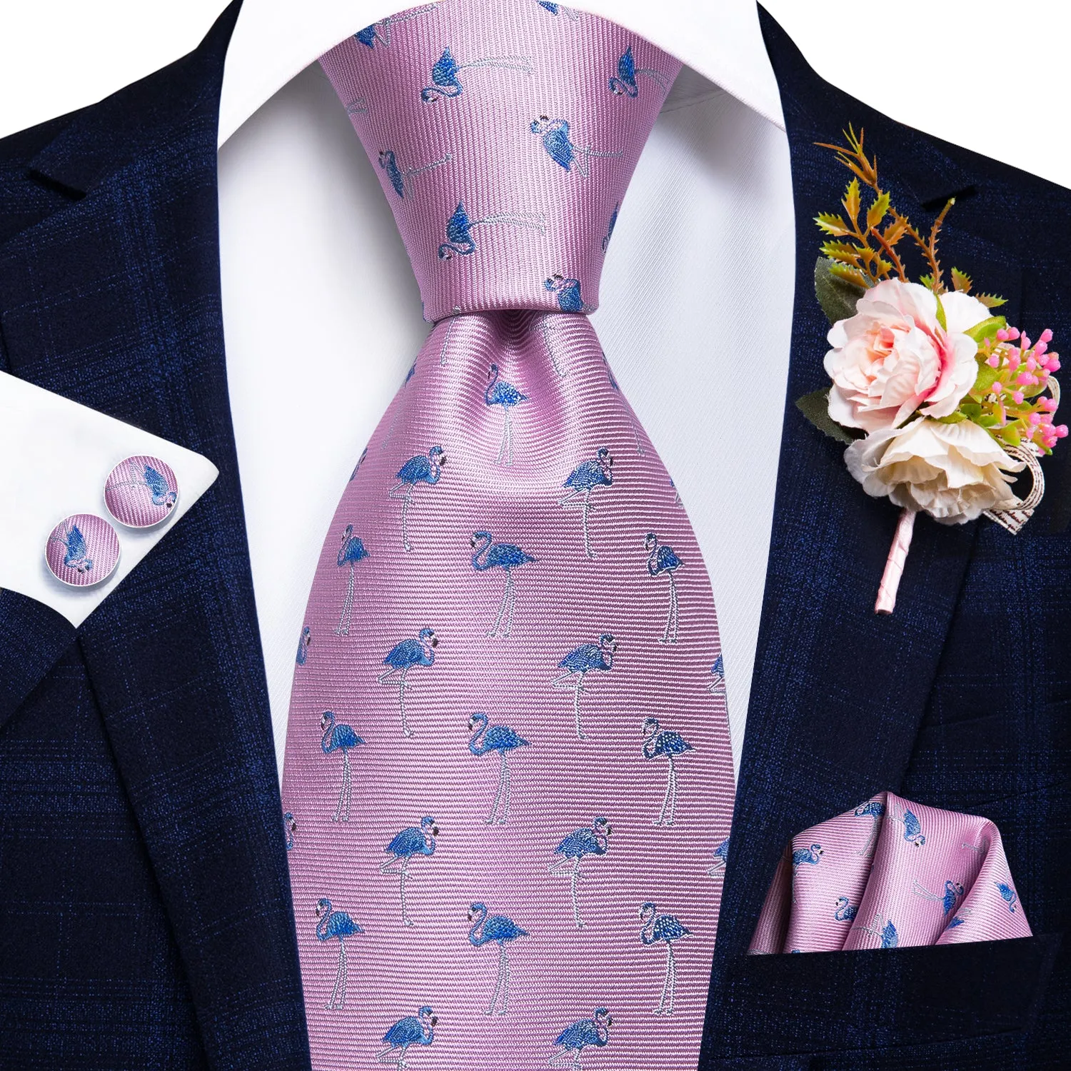 Hi-Tie Blue Flamingo Pink Tie Handkerchief Cufflinks Set with Wedding Brooch