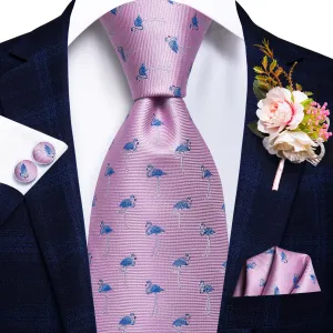 Hi-Tie Blue Flamingo Pink Tie Handkerchief Cufflinks Set with Wedding Brooch