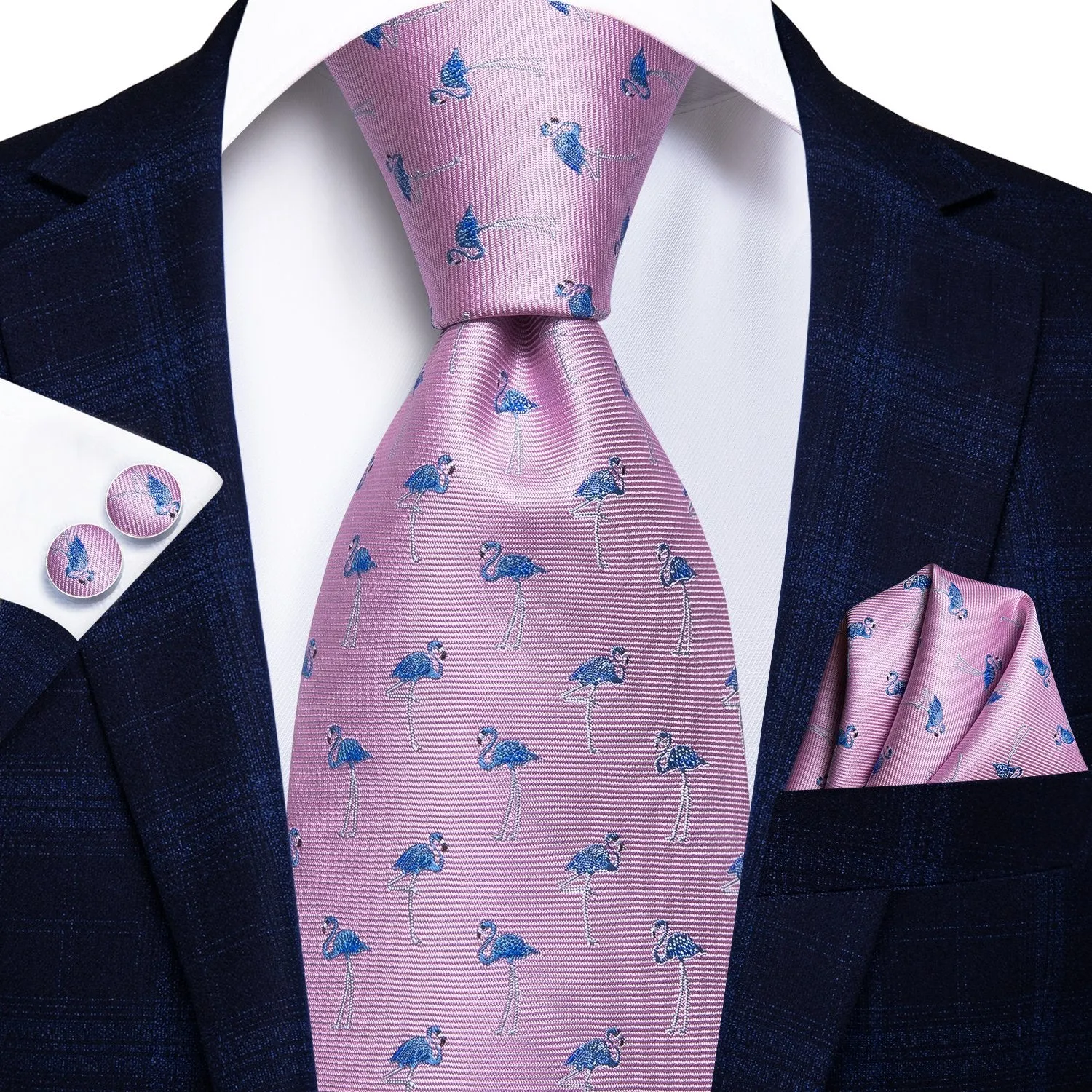 Hi-Tie Blue Flamingo Pink Tie Handkerchief Cufflinks Set with Wedding Brooch