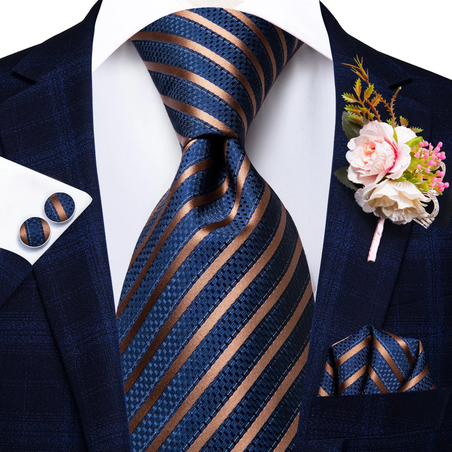 Hi-Tie Blue Gold Striped Tie Handkerchief Cufflinks Set with Wedding Brooch