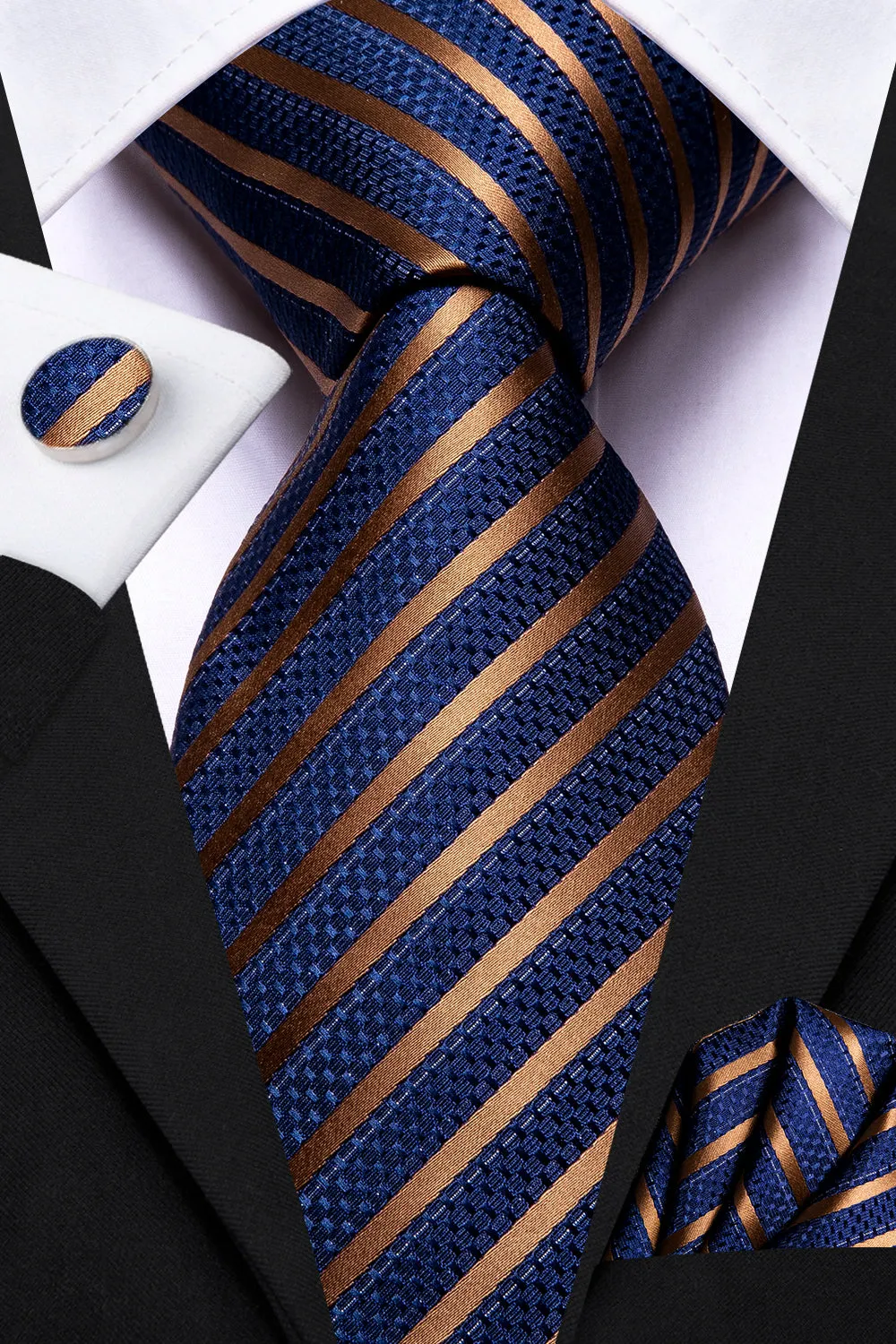 Hi-Tie Blue Gold Striped Tie Handkerchief Cufflinks Set with Wedding Brooch