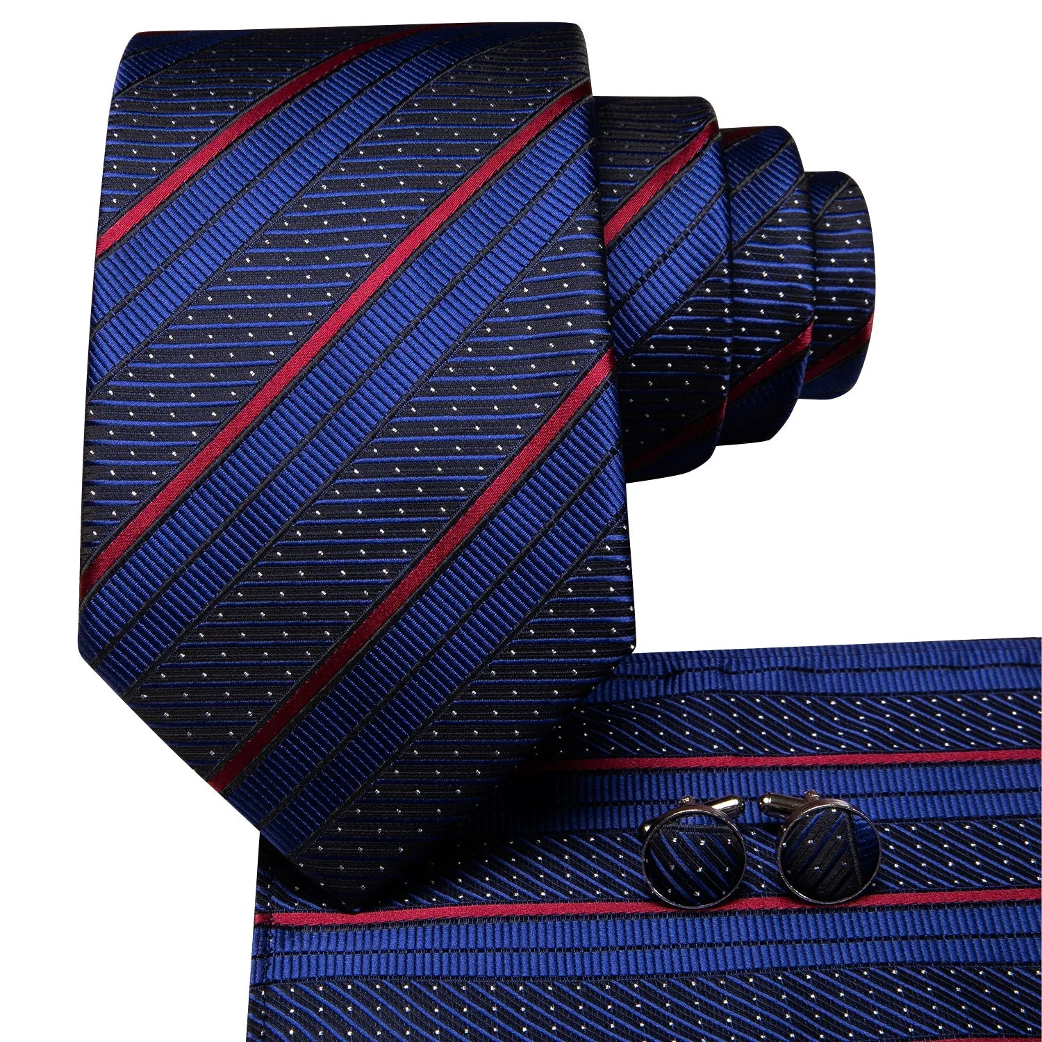 Hi-Tie Blue Red Stripes with White Dot 67" XL Tie Hanky Cufflinks Set