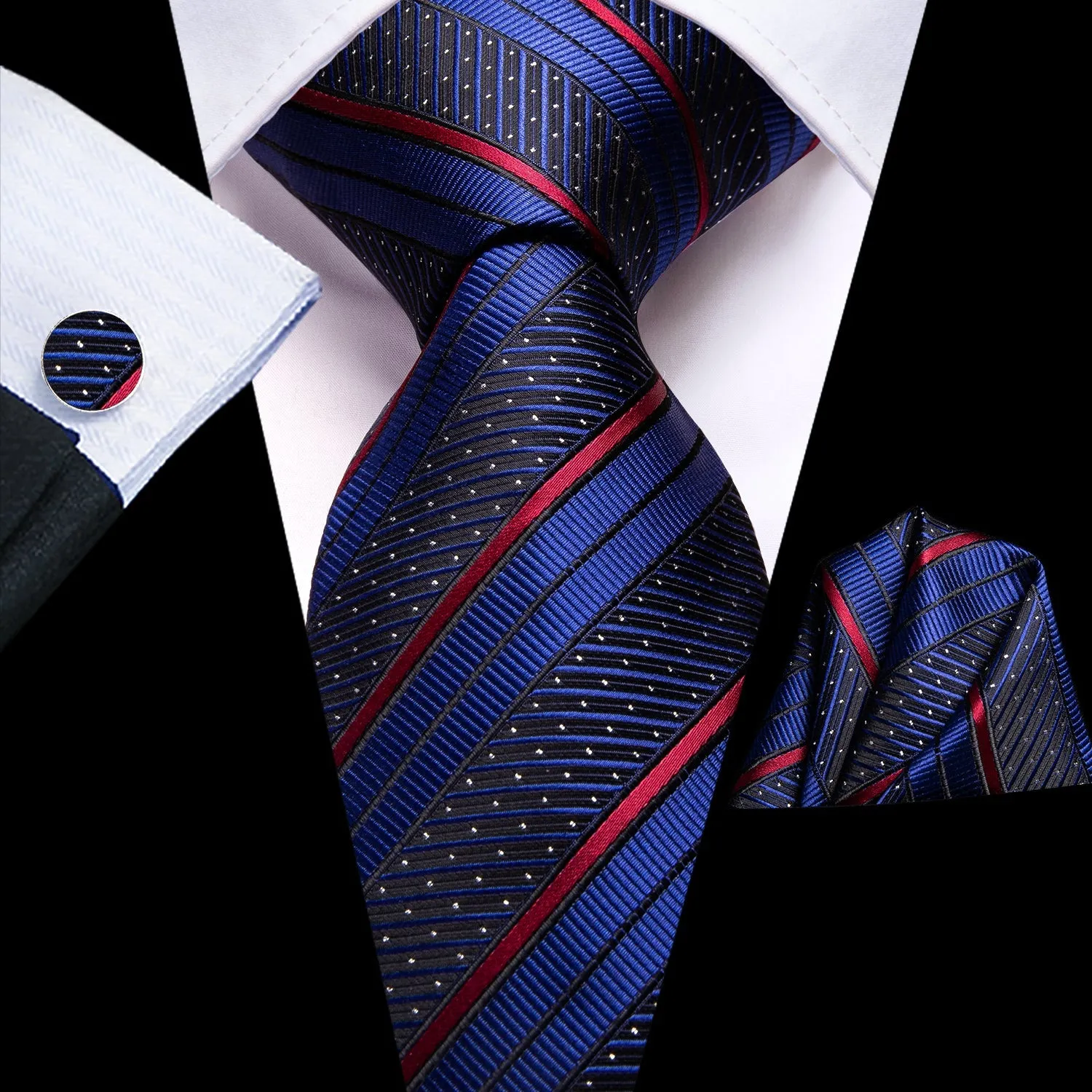 Hi-Tie Blue Red Stripes with White Dot 67" XL Tie Hanky Cufflinks Set