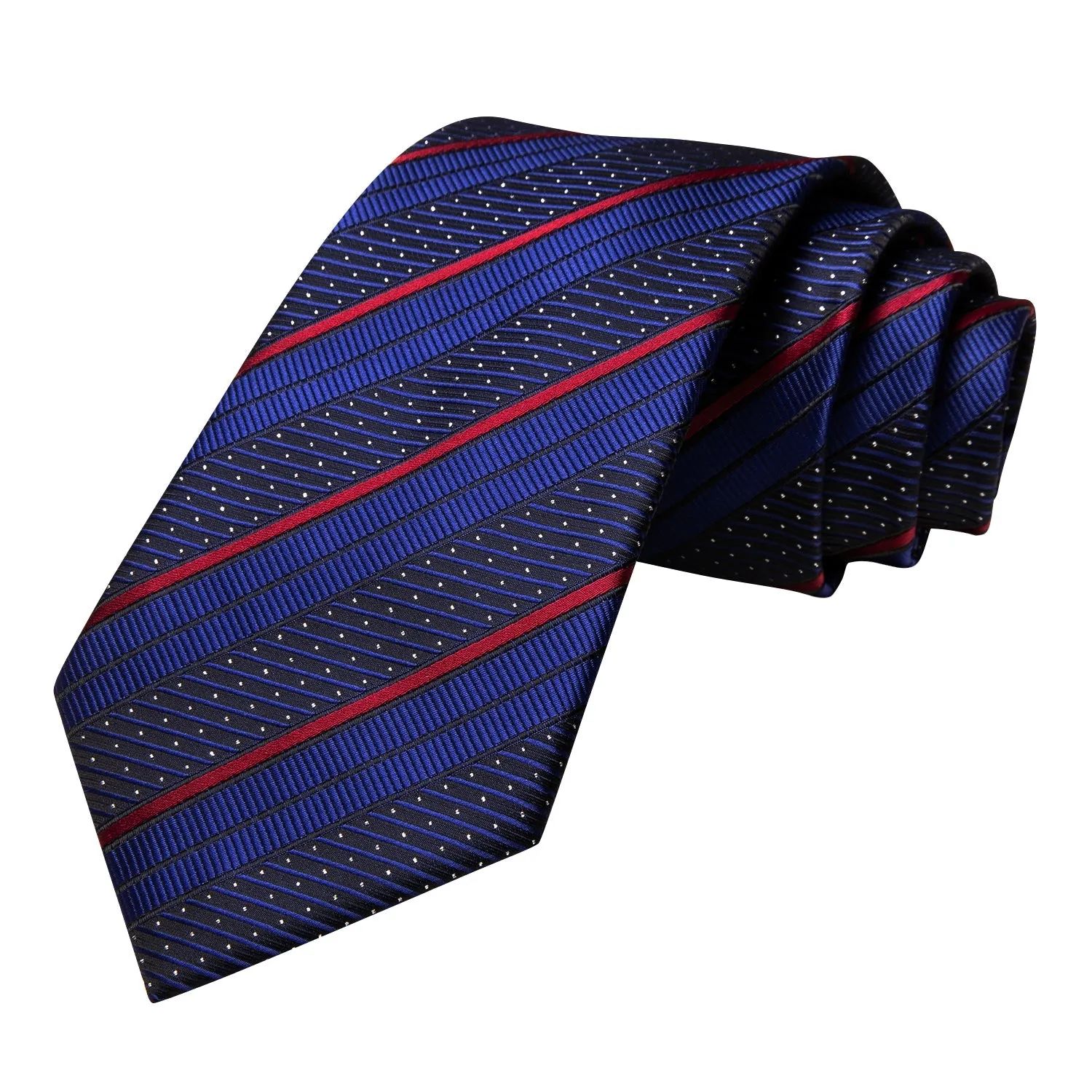 Hi-Tie Blue Red Stripes with White Dot 67" XL Tie Hanky Cufflinks Set