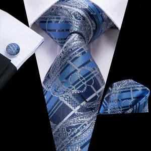 Hi-Tie Blue Ties Paisley Necktie Pocket Square Cufflinks Set for Men