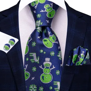 Hi-Tie Christmas Blue Green Snowmen Men's Neck Tie Hanky Cufflinks Set