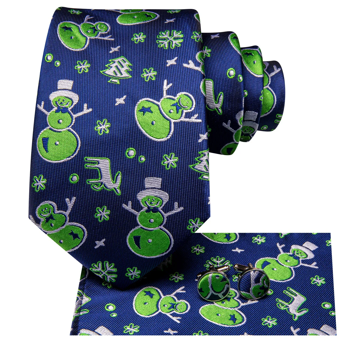 Hi-Tie Christmas Blue Green Snowmen Men's Neck Tie Hanky Cufflinks Set