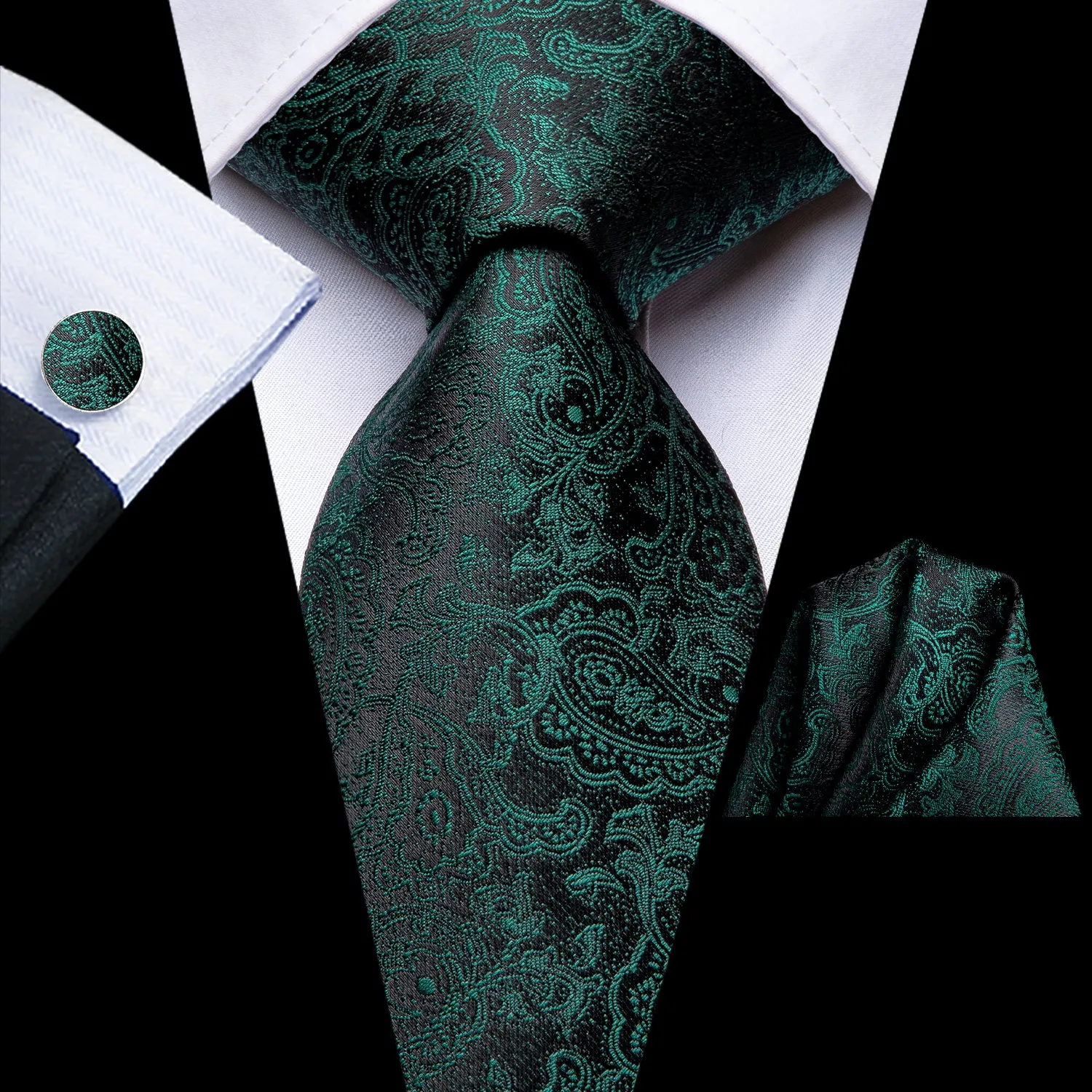 Hi-Tie Dark Green Black Paisley Men's Tie Pocket Square Cufflinks Set