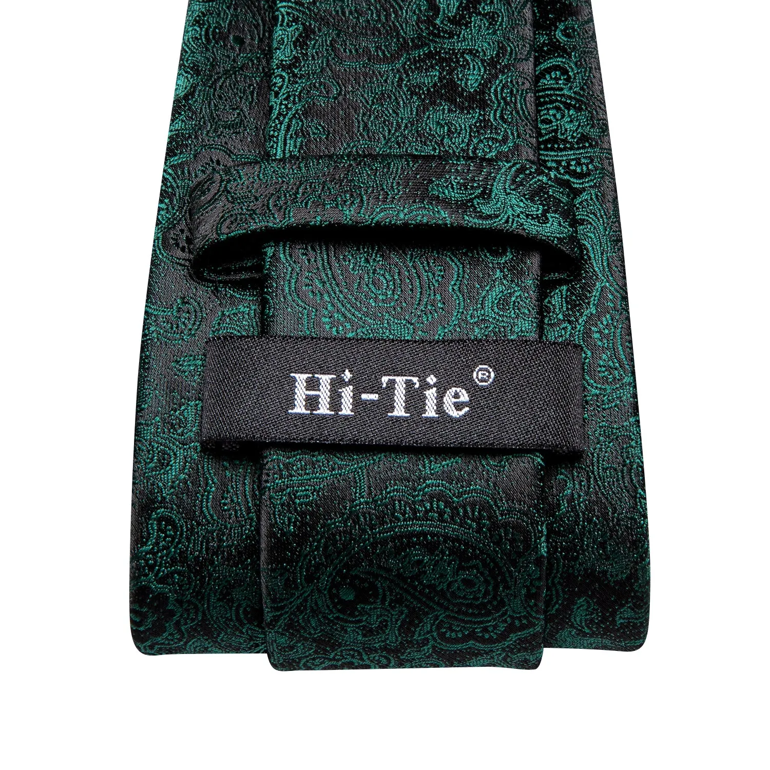 Hi-Tie Dark Green Black Paisley Men's Tie Pocket Square Cufflinks Set