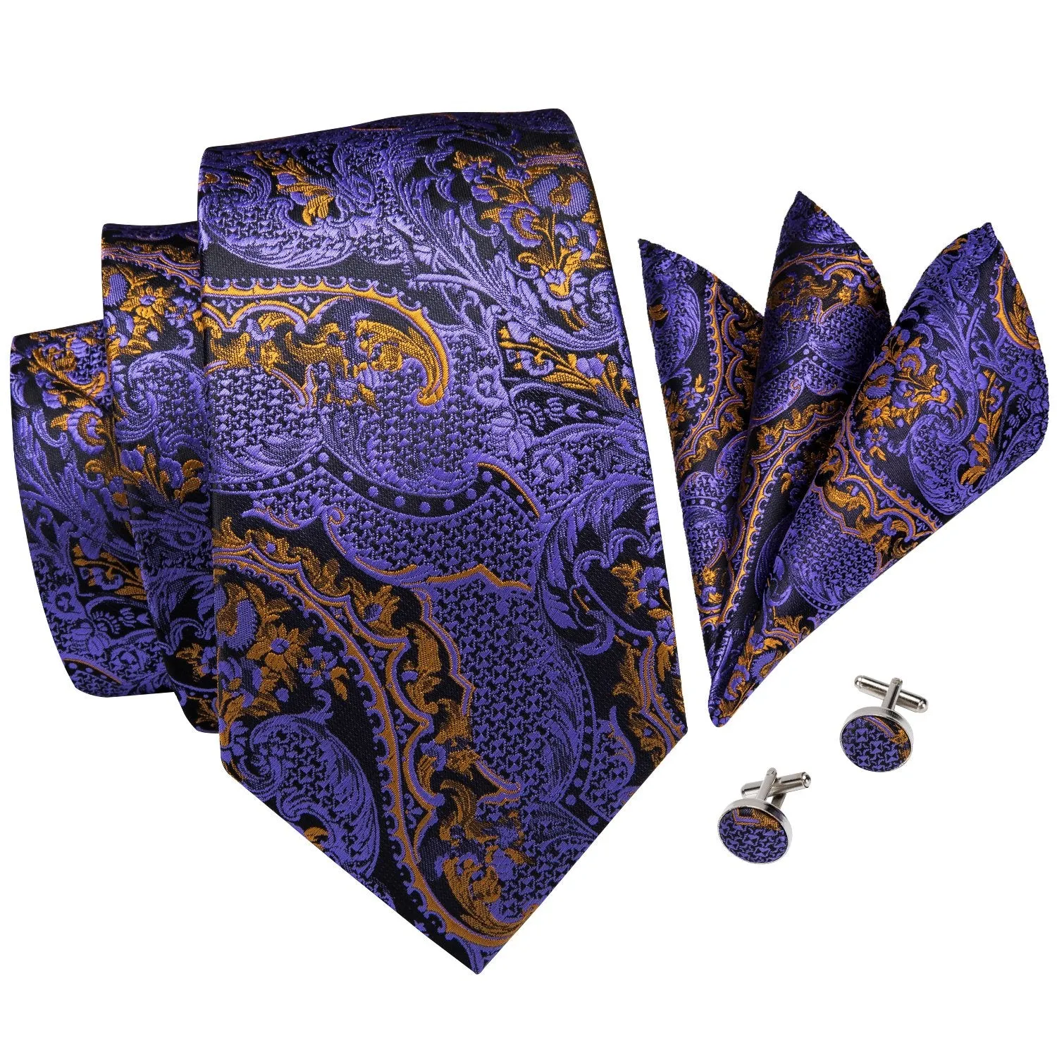 Hi-Tie Dark Purple Paisley Men's Necktie Pocket Square Cufflinks Set