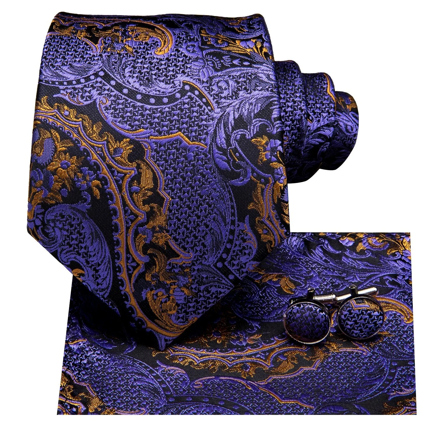 Hi-Tie Dark Purple Paisley Men's Necktie Pocket Square Cufflinks Set