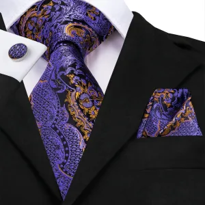 Hi-Tie Dark Purple Paisley Men's Necktie Pocket Square Cufflinks Set