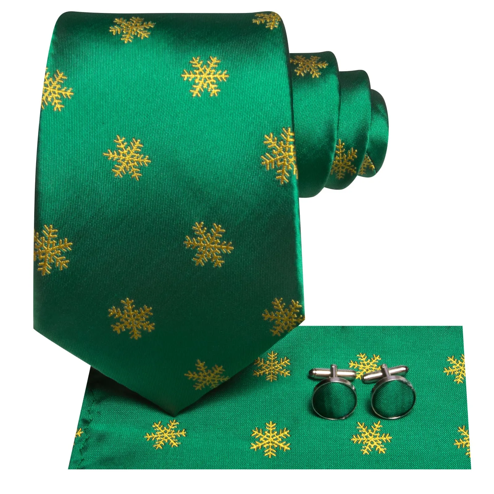 Hi-Tie Dark Spring Green Tie Gold Snowflake Tie Hanky Cufflinks Set