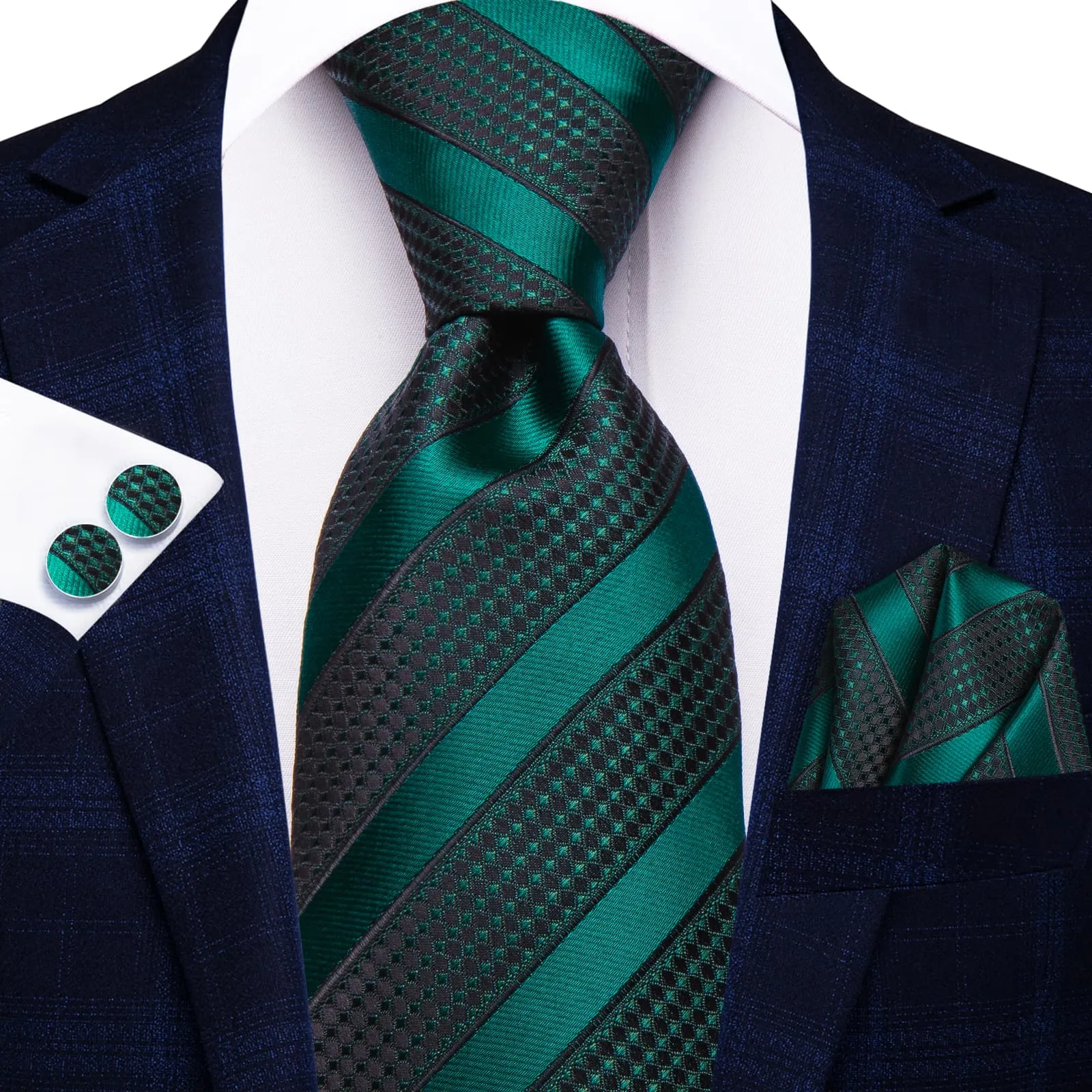 Hi-Tie Deep Green Black Striped Silk Men's Necktie Pocket Square Cufflinks Set