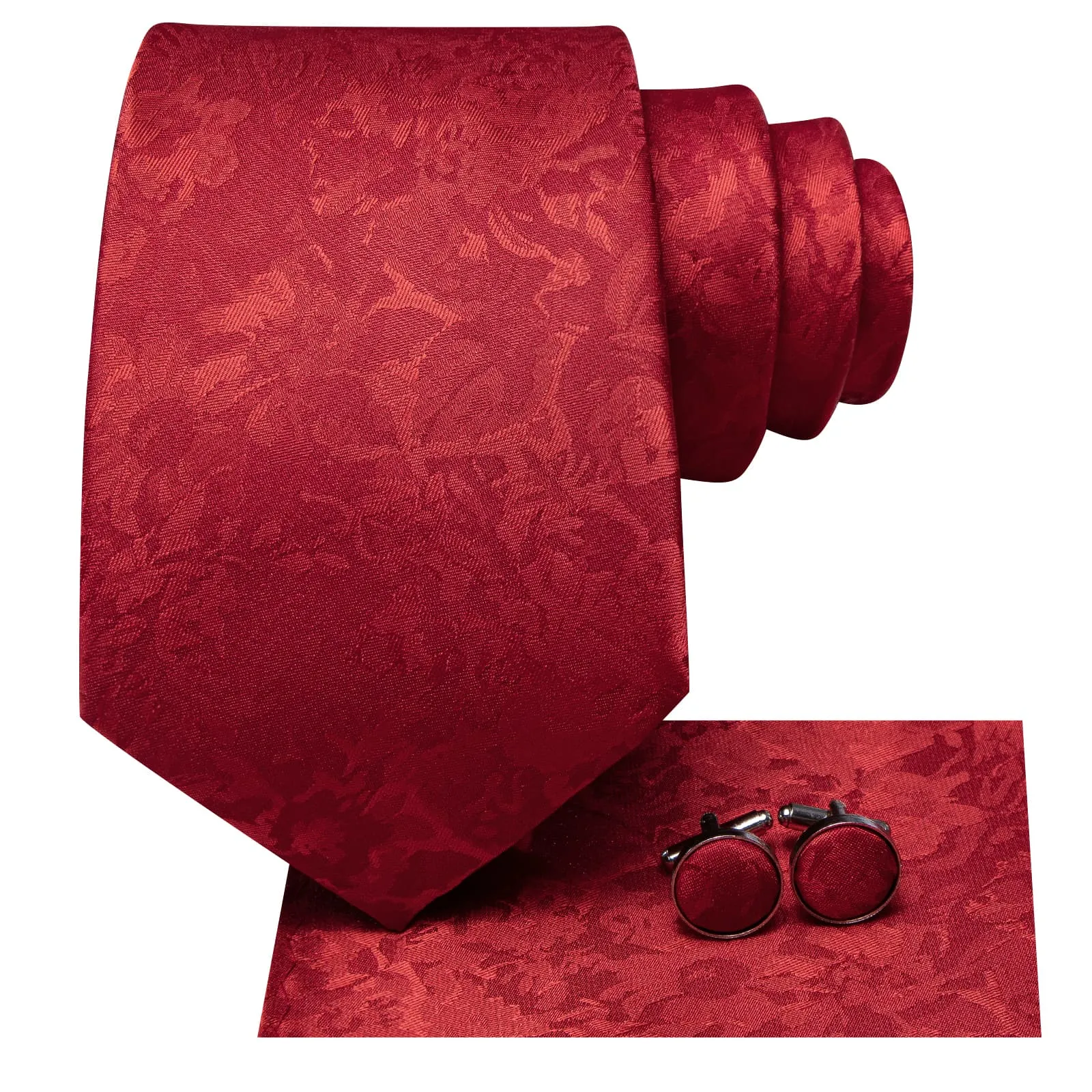 Hi-Tie Deep Wine Red Floral Silk Mens Tie Handkerchief Cufflinks Set