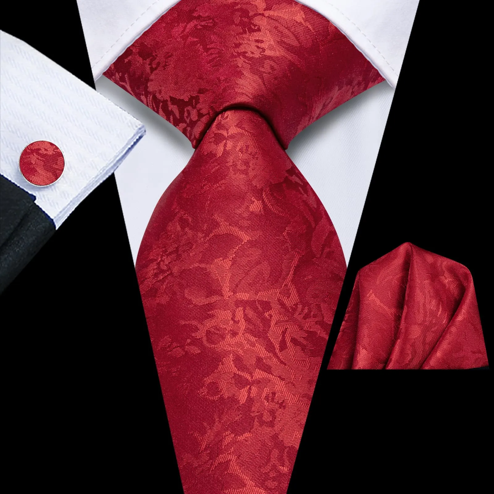 Hi-Tie Deep Wine Red Floral Silk Mens Tie Handkerchief Cufflinks Set