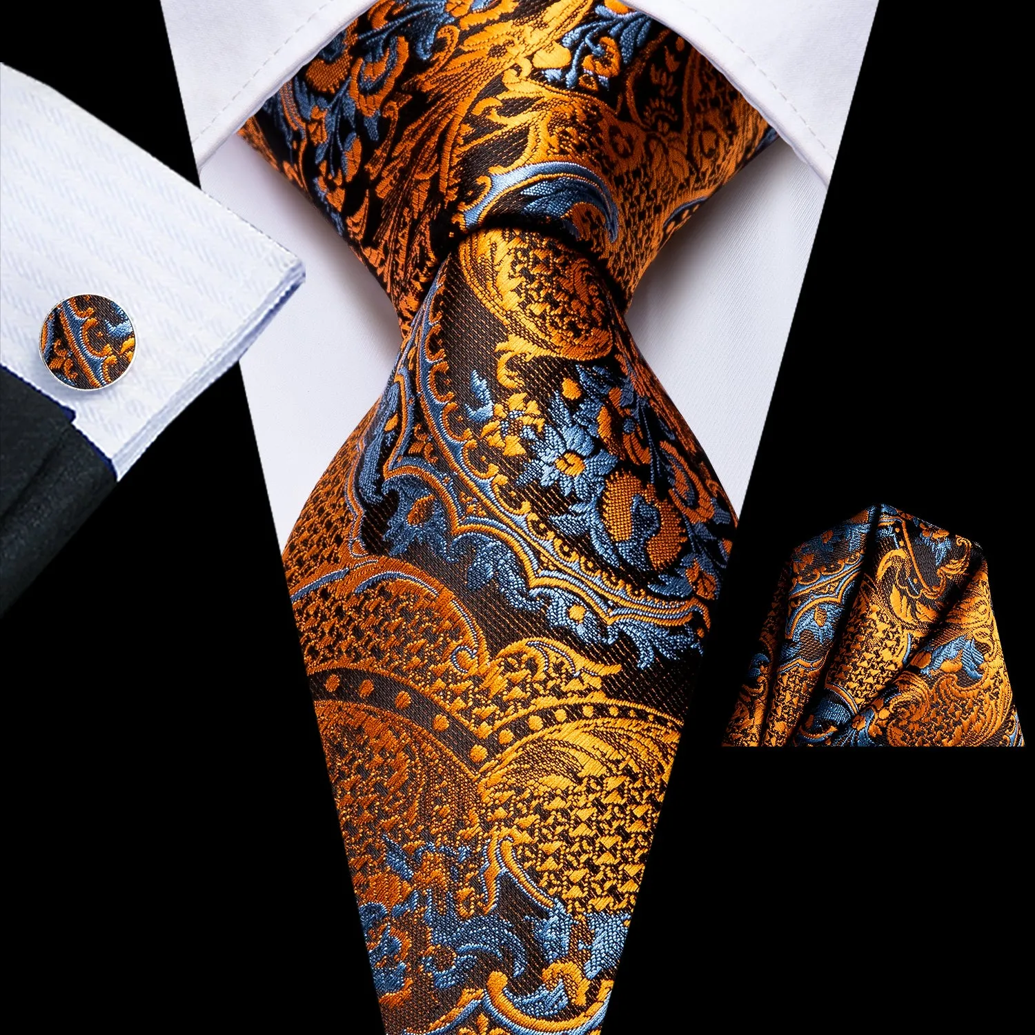 Hi-Tie Gold Mens Tie LightCyan Paisley Tie Pocket Square Cufflinks Set