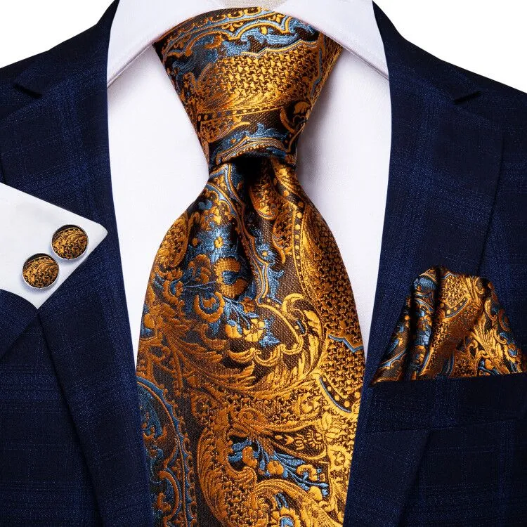 Hi-Tie Gold Mens Tie LightCyan Paisley Tie Pocket Square Cufflinks Set