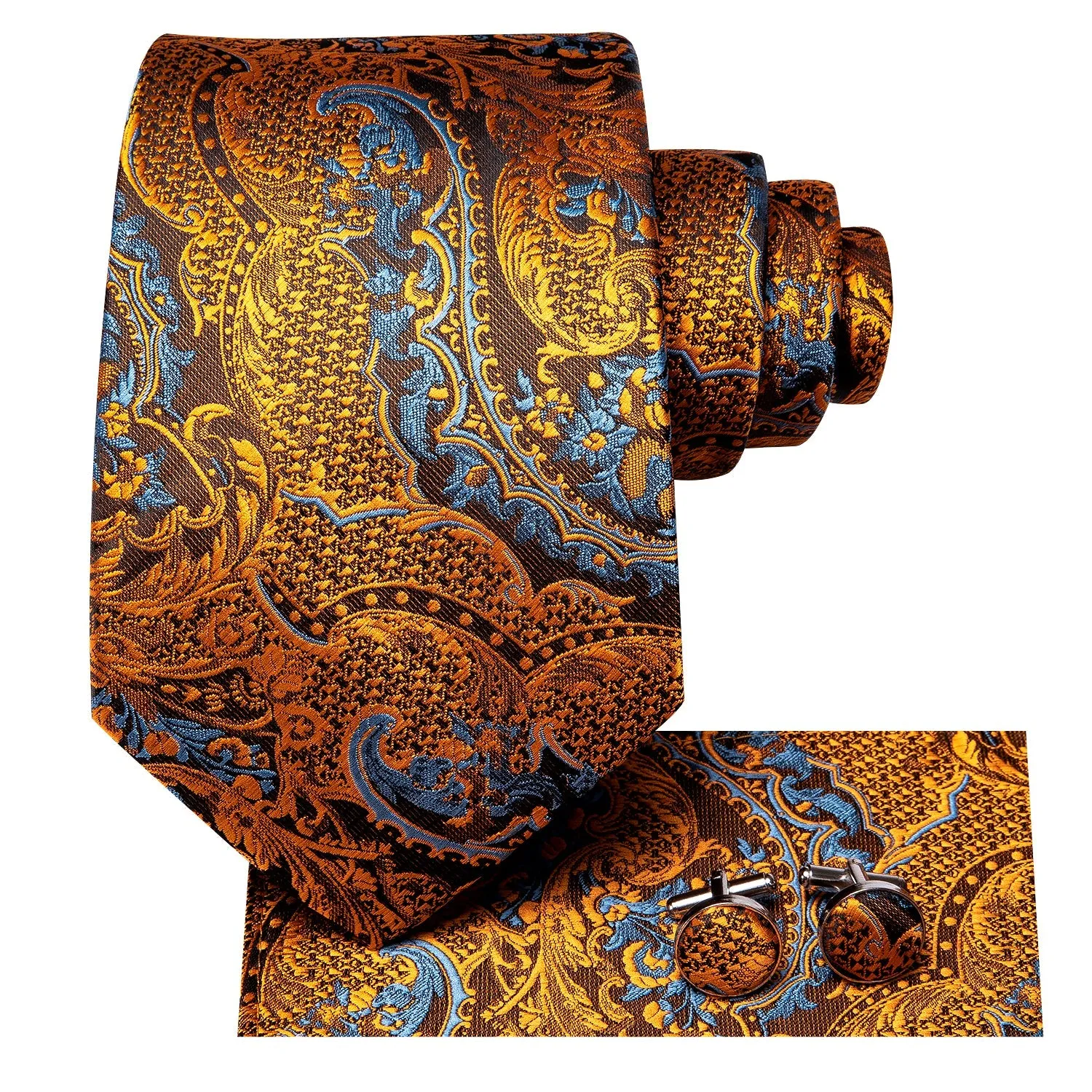 Hi-Tie Gold Mens Tie LightCyan Paisley Tie Pocket Square Cufflinks Set