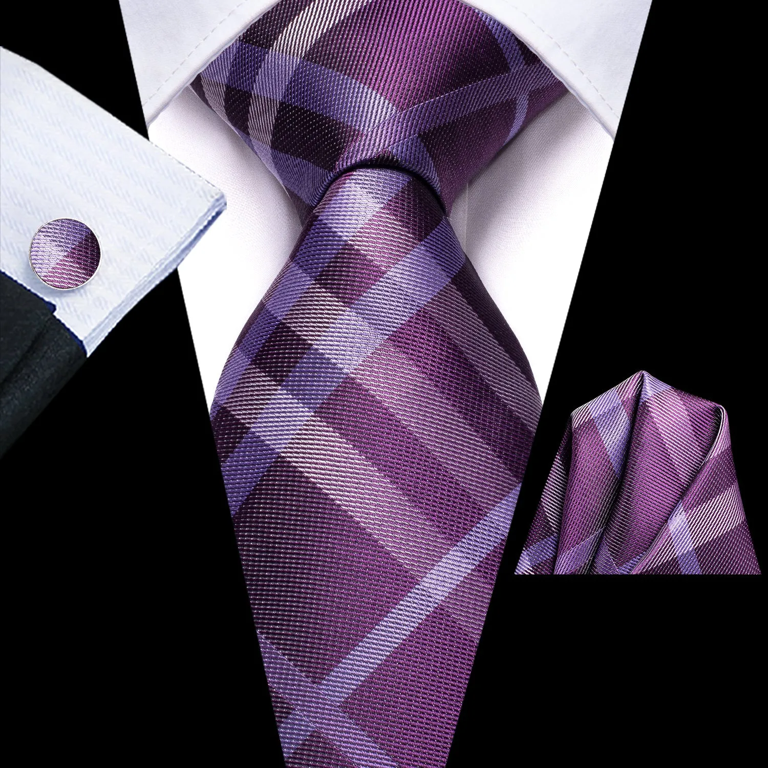 Hi-Tie Gradient Purple Tie Striped Necktie Pocket Square Cufflinks Set