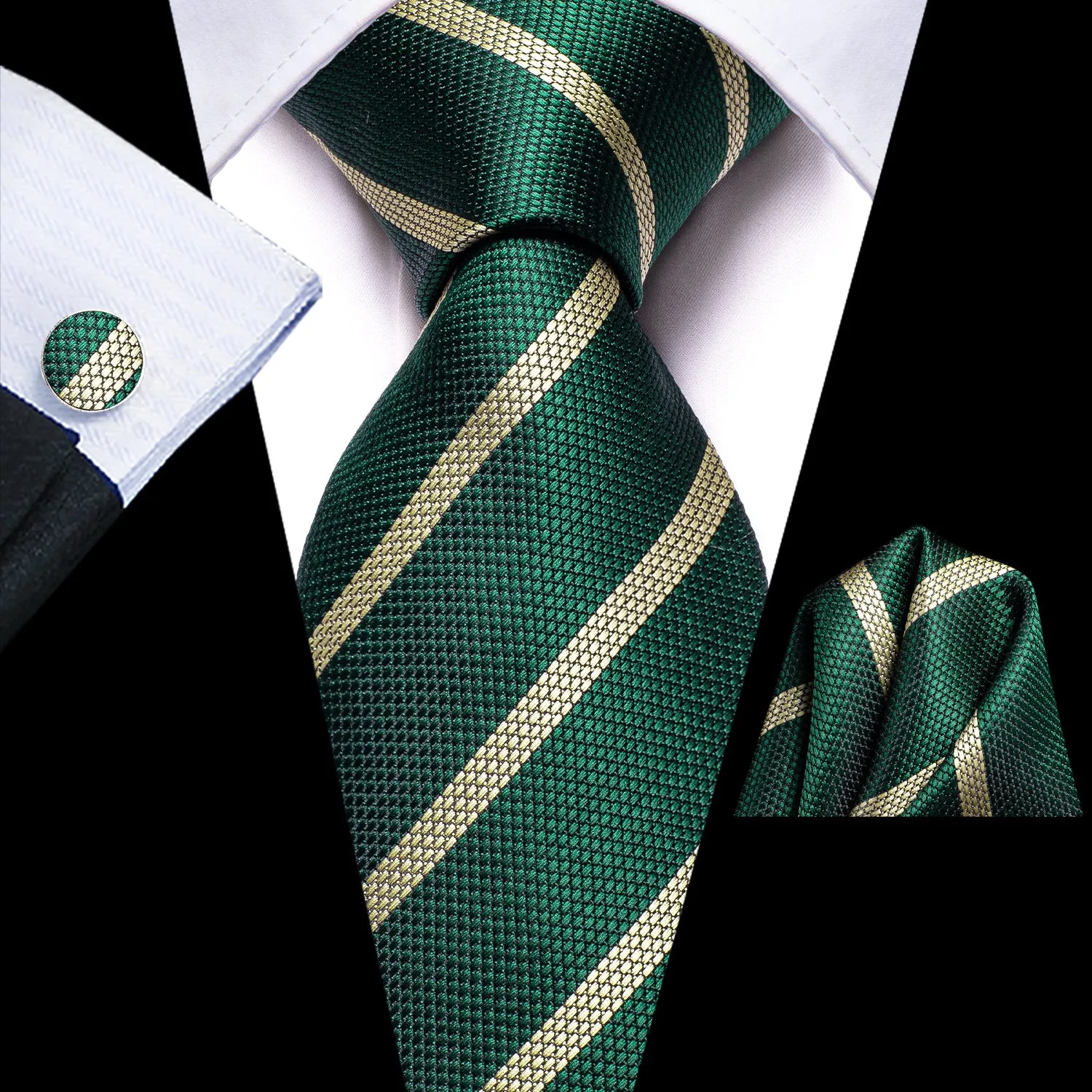 Hi-Tie Green Necktie Yellow Striped Tie Pocket Square Cufflinks Set