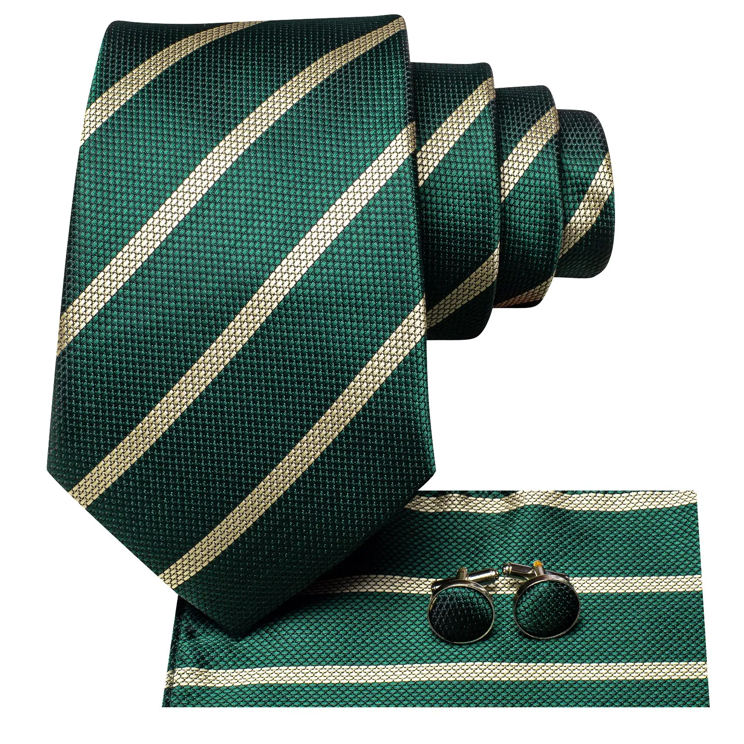 Hi-Tie Green Necktie Yellow Striped Tie Pocket Square Cufflinks Set