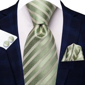 Hi-Tie Green Tie Champagne Strip Silk Tie Pocket Square Cufflinks Set