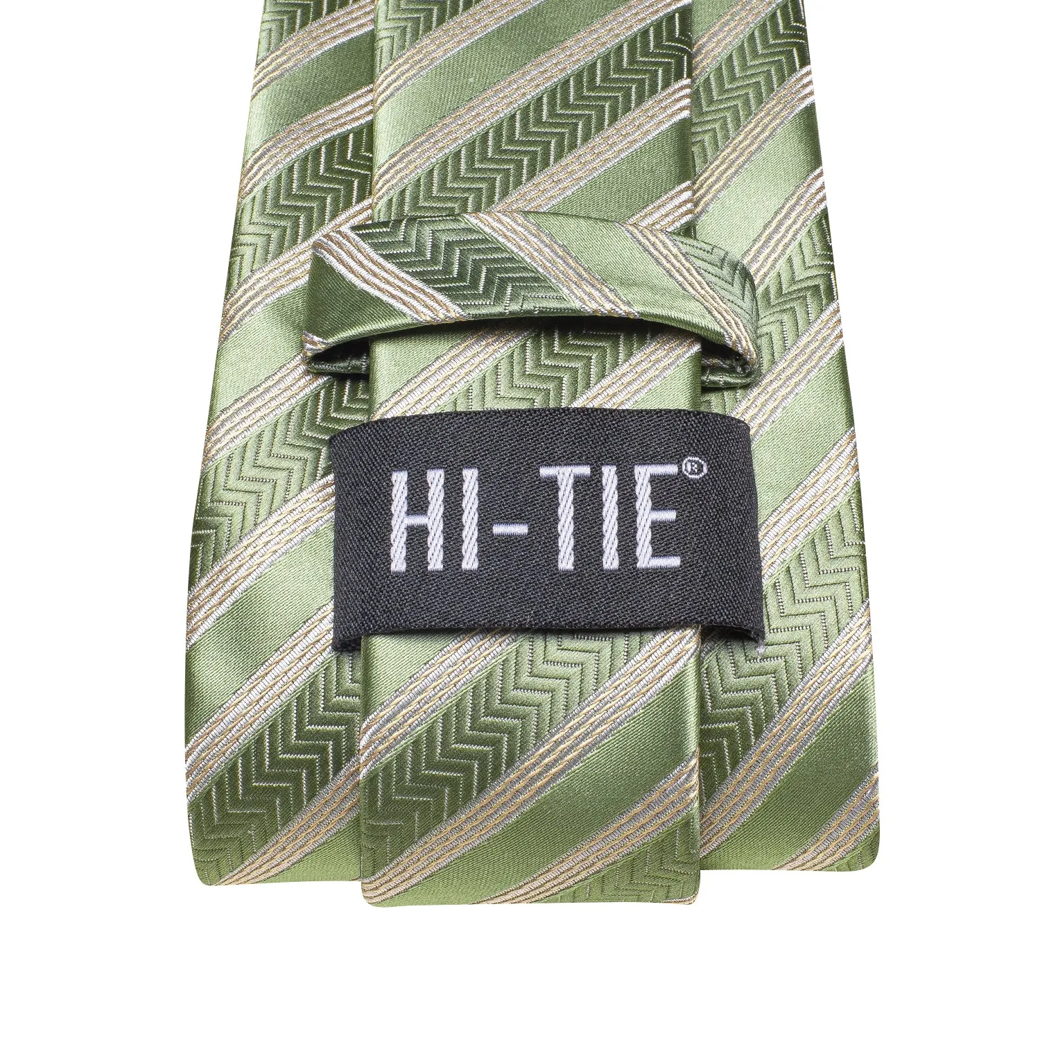 Hi-Tie Green Tie Champagne Strip Silk Tie Pocket Square Cufflinks Set